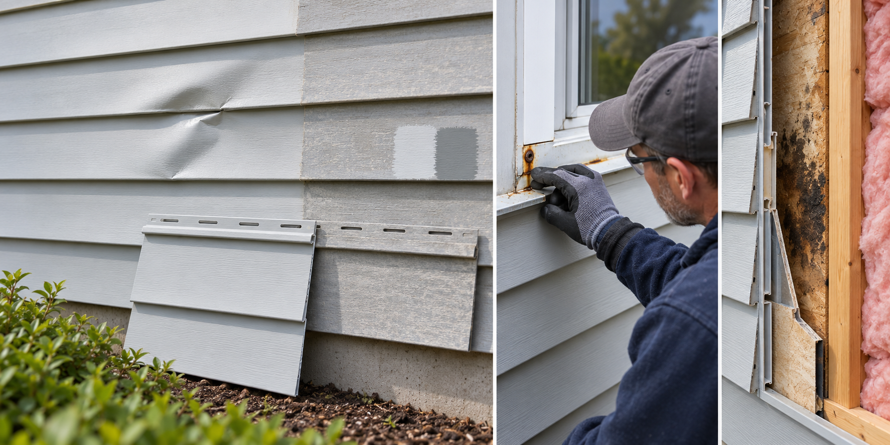 Aluminum siding repair options showing a dent, faded panels beside a replacement sample, coating touch-up, and a wall-detail inspection.