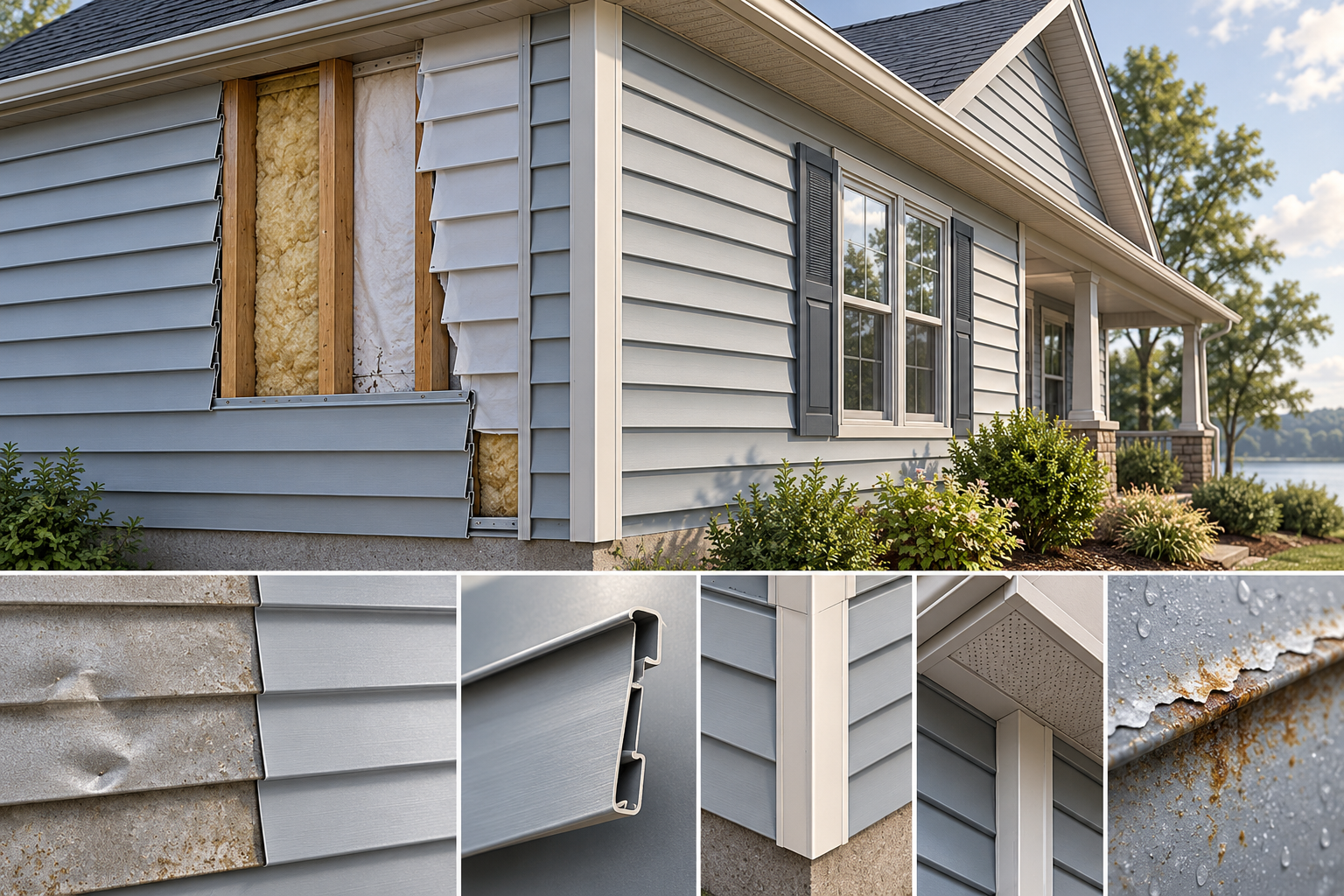 Aluminum siding replacement showing lap profiles, trim and channels, a weathered panel beside a replacement sample, and wall layers.