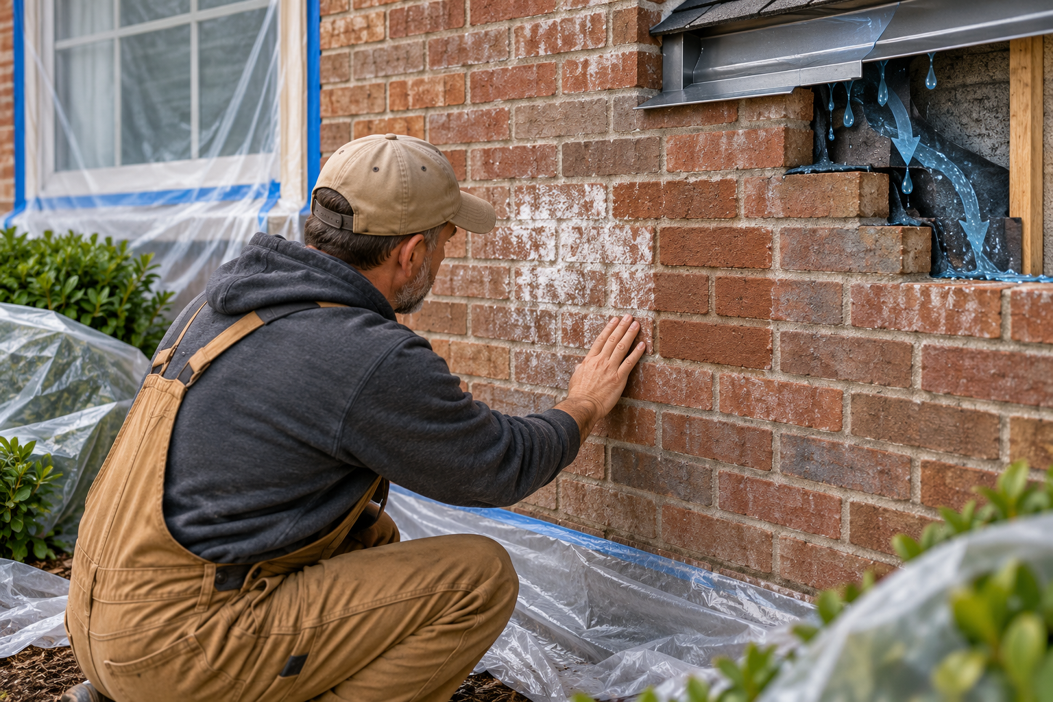 A test-cleaning patch beside an efflorescence deposit, with nearby protection and a wall moisture detail.