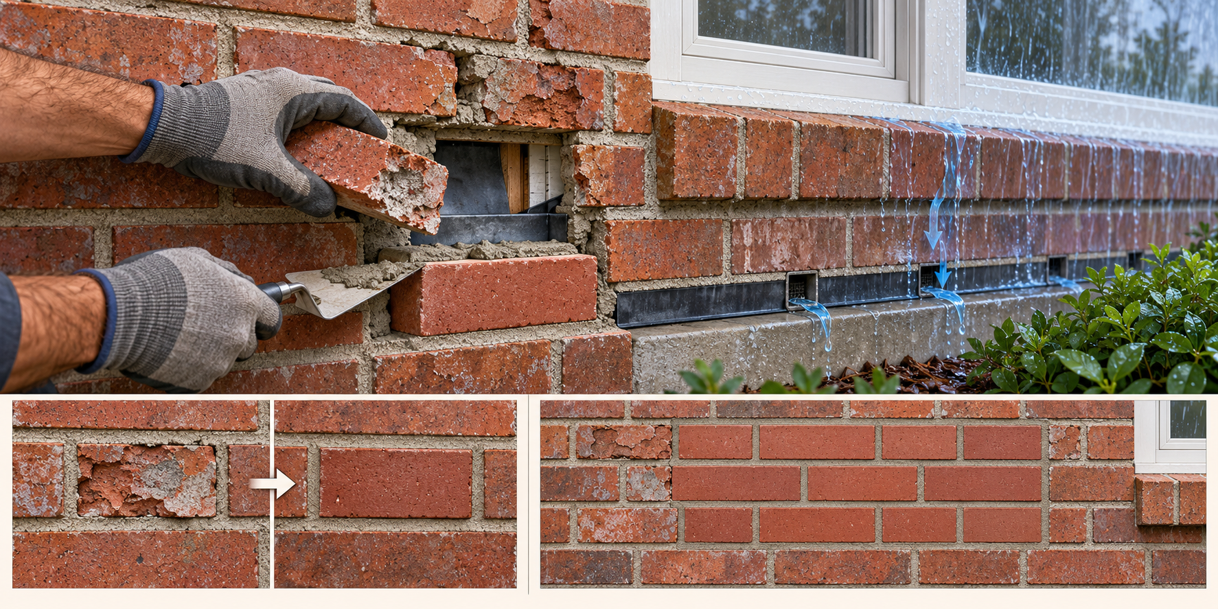 Localized brick replacement beside nearby mortar, flashing, drainage details, and a larger repair-panel option.