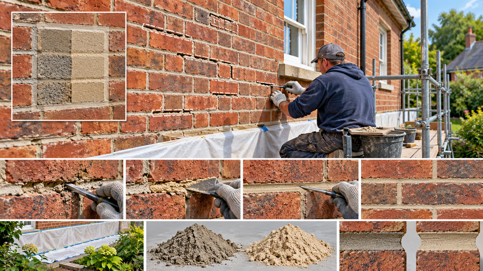 Brick repointing focused on defective joints, with a test panel, preserved sound mortar, and scaffold access.