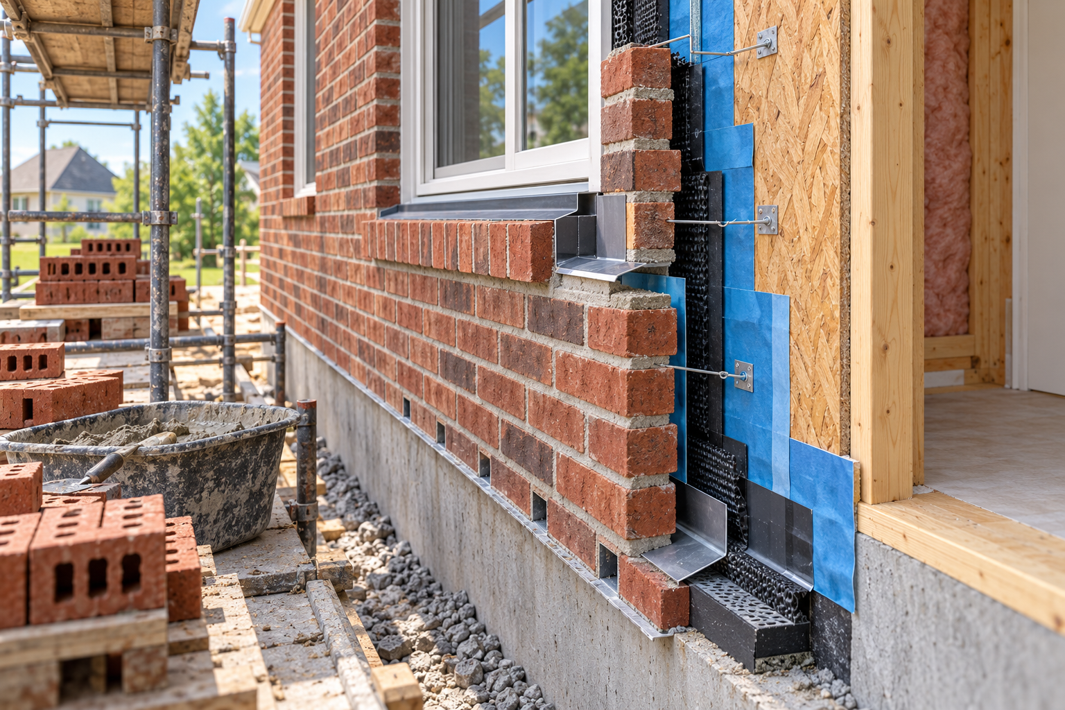 A brick veneer wall section showing support, drainage cavity, flashing, weeps, and the layers behind the brick face.