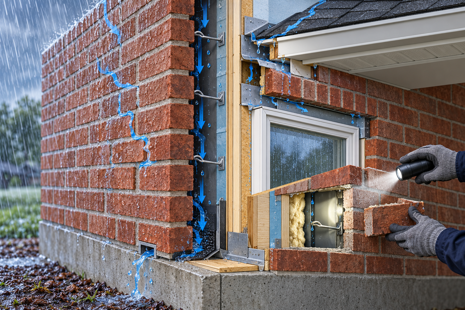 A brick veneer cutaway showing possible water paths behind the brick and details that may be investigated.