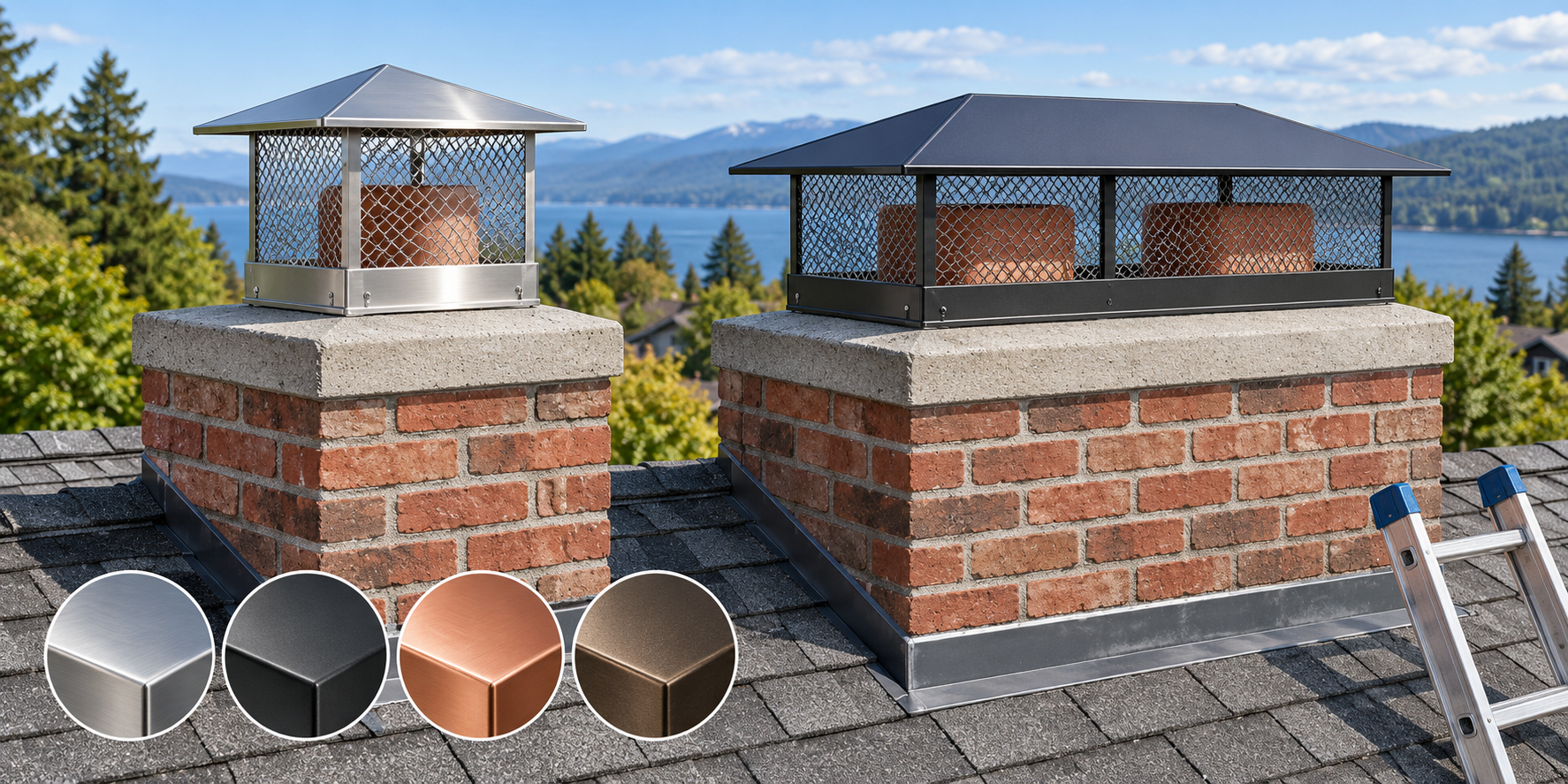 Single-flue and multi-flue chimney rain-cap options shown above distinct masonry crowns.