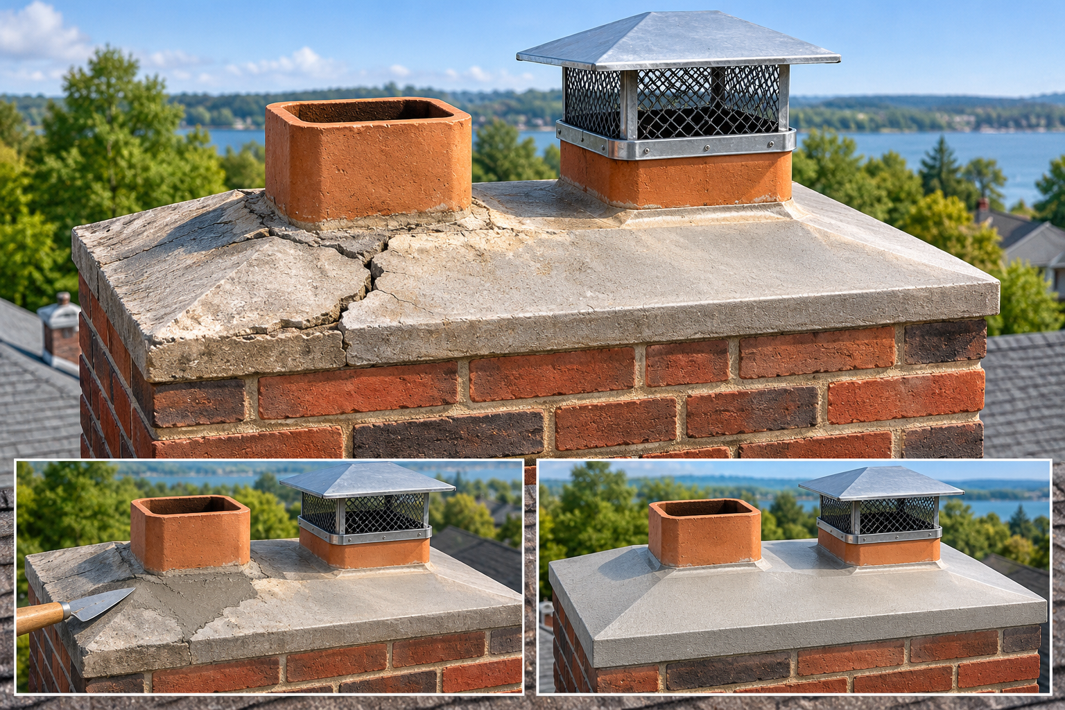 A masonry chimney top showing the crown around projecting flues, distinct from a metal rain cap, with repair options.