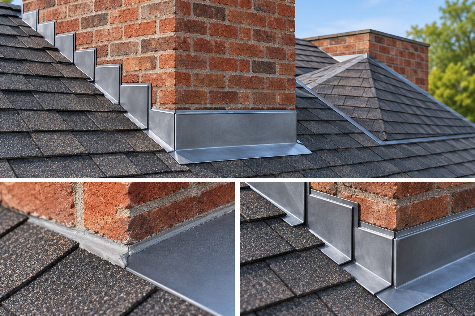 A chimney-to-roof cutaway showing integrated flashing layers and the difference between a joint repair and broader flashing work.