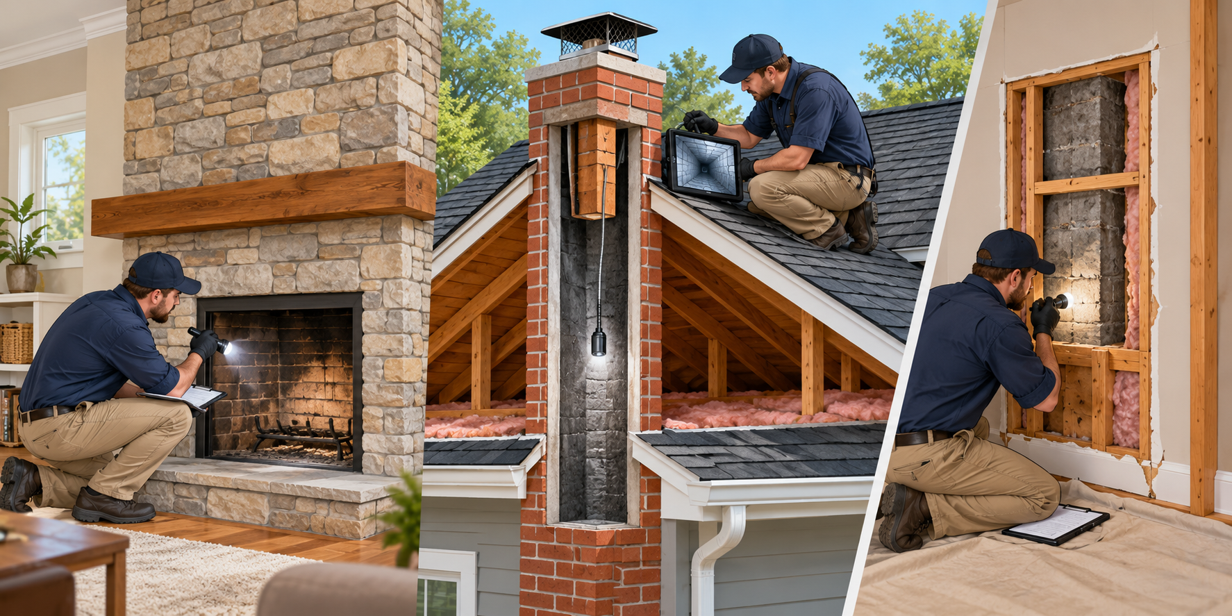 Chimney inspection scopes showing accessible areas, roof and attic access with a flue camera, and a limited invasive opening.
