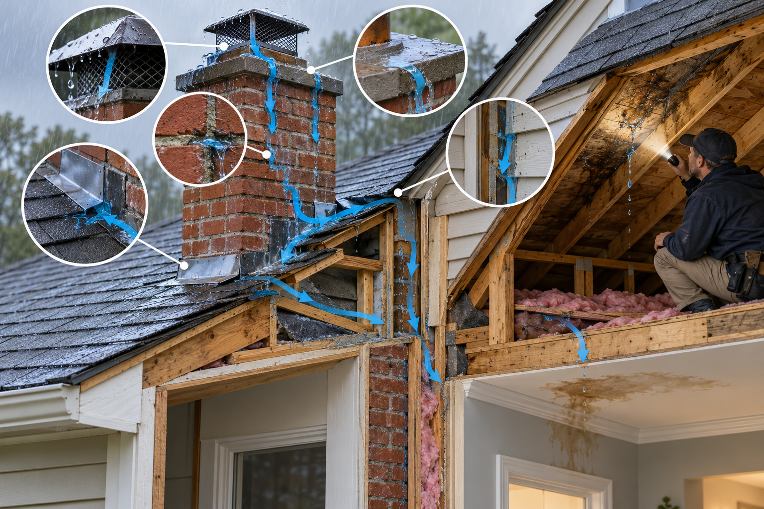 Possible chimney leak paths around the cap, crown, masonry, flashing, roof, and adjacent wall transition.
