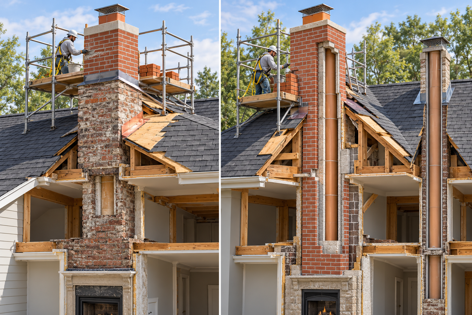 A partial above-roof chimney rebuild compared with a larger reconstruction that includes more of the chimney and restoration interfaces.
