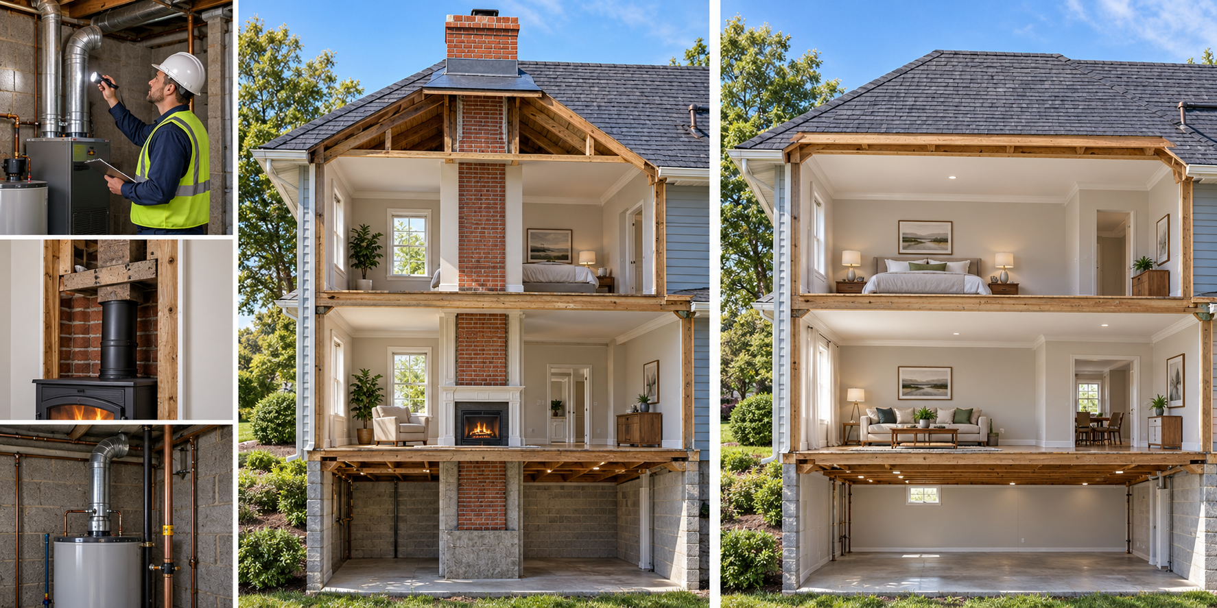 A stack-only chimney removal with roof closure compared with full interior removal and finish restoration.