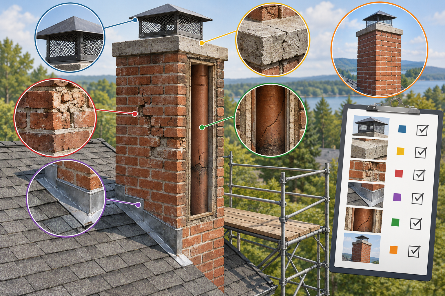 A chimney diagram showing common repair components at the cap, crown, flashing, masonry joints, flue, and stack.