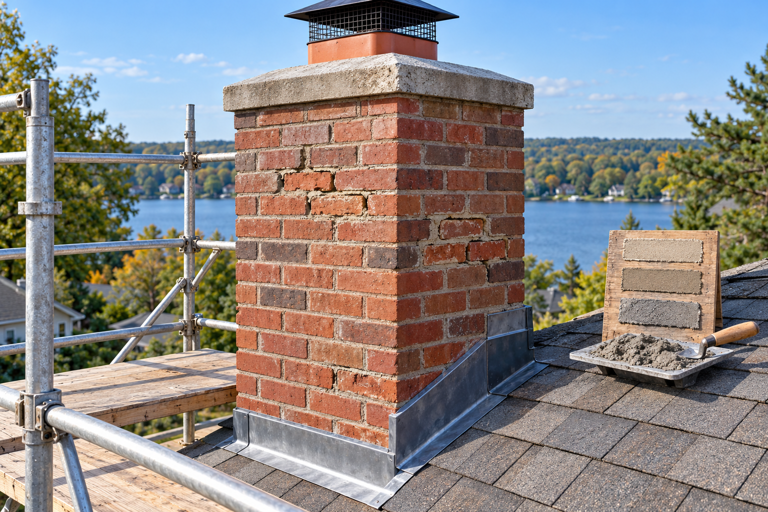 A chimney repointing work area with selected joints, roof access setup, and adjacent crown and flashing components.