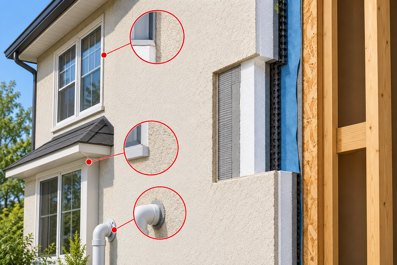 EIFS wall layers with an example inspection opening and key joints that may be evaluated during a moisture investigation.