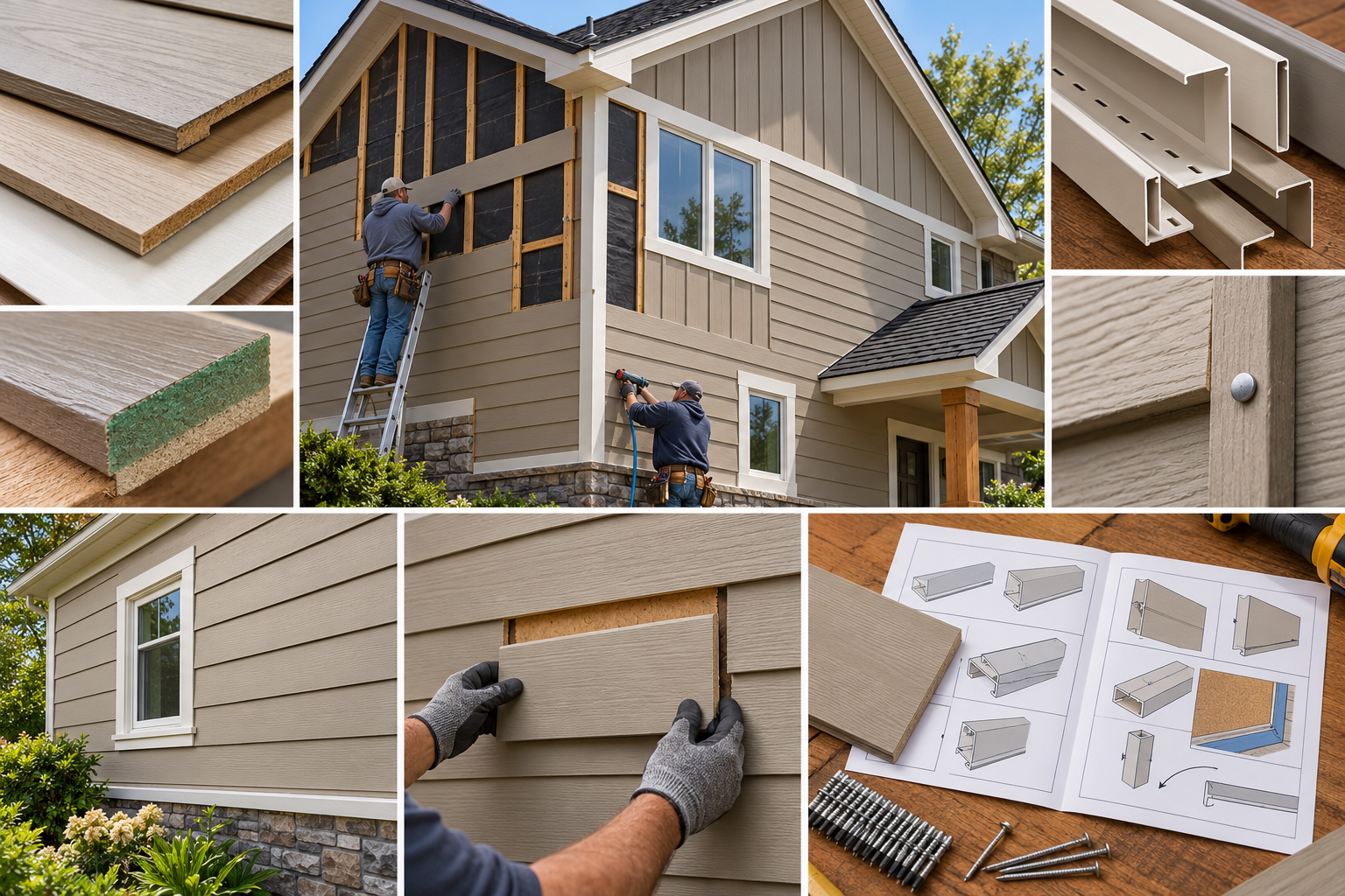 Engineered wood siding installation with product-specific profiles, finish, cut-edge treatment, trim, and replacement matching details.