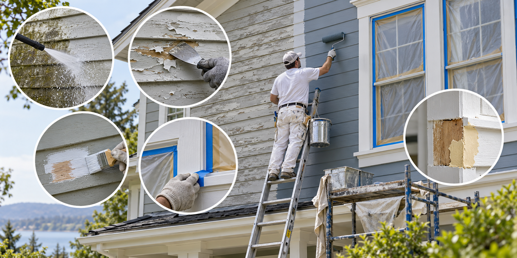Exterior painting work showing surface preparation, masking and priming, trim detail, repair, and elevated access.