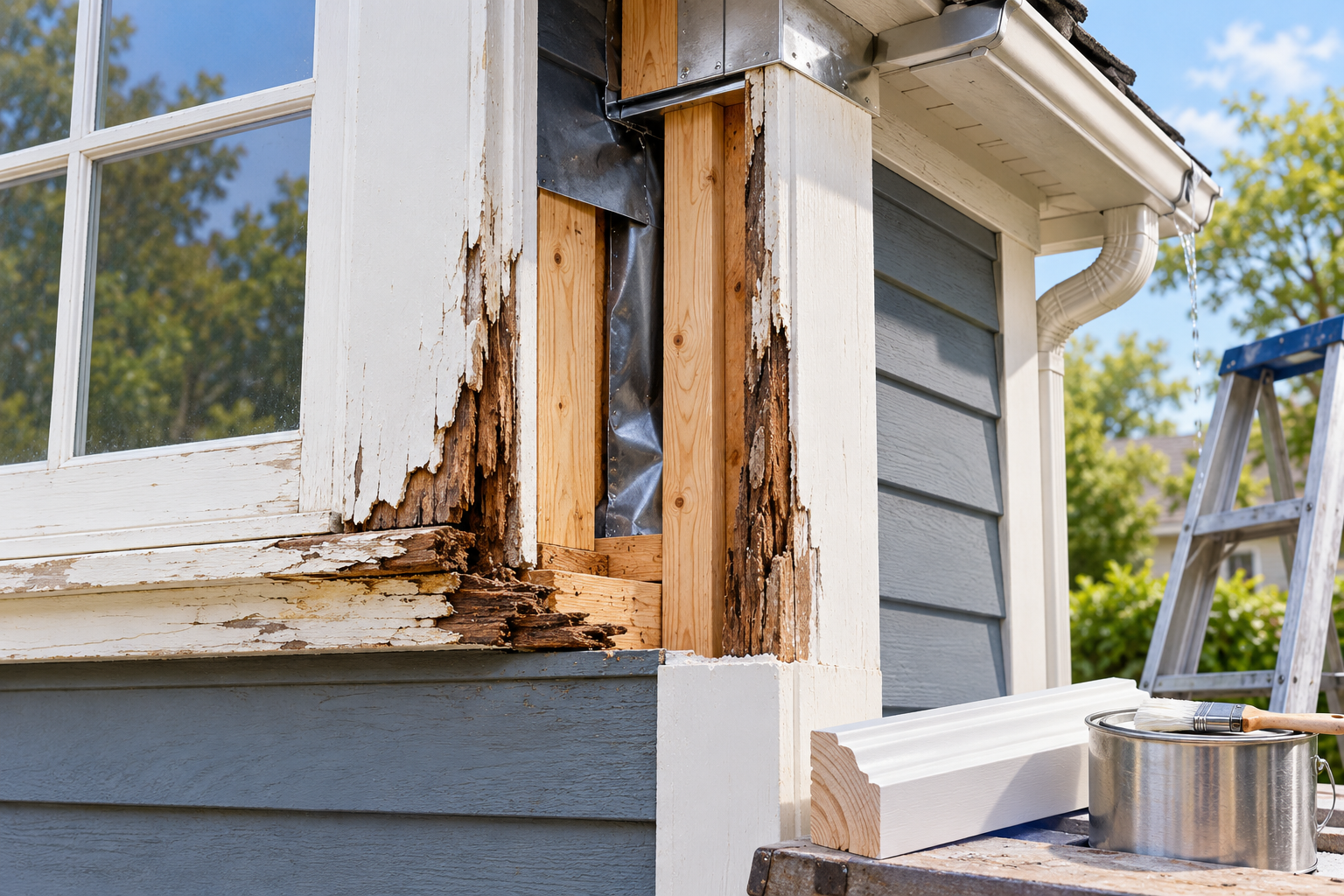 Rot at window trim with a visible repair boundary, profile sample, finish work, access, and nearby flashing context.