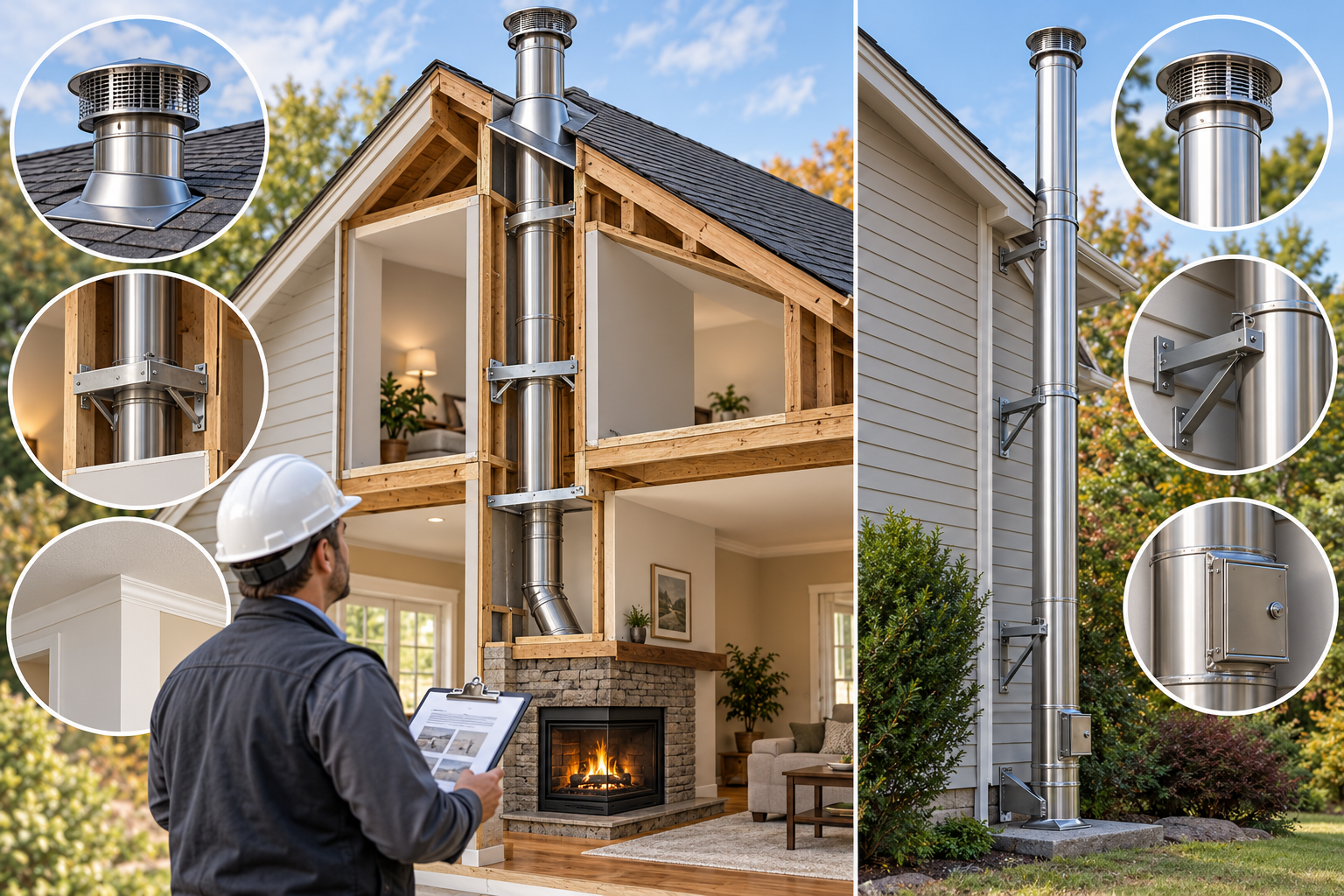 A factory-built chimney route through a home, showing access, supports, roof closure, and possible interior restoration scope.