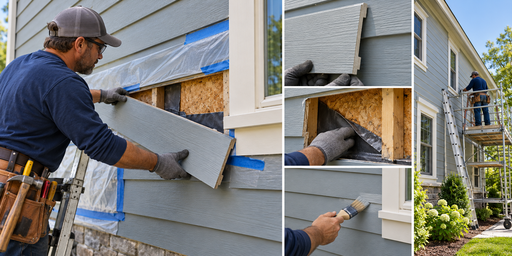 A fiber-cement board repair with profile checking, adjacent-board protection, finish blending, and wall-layer inspection.