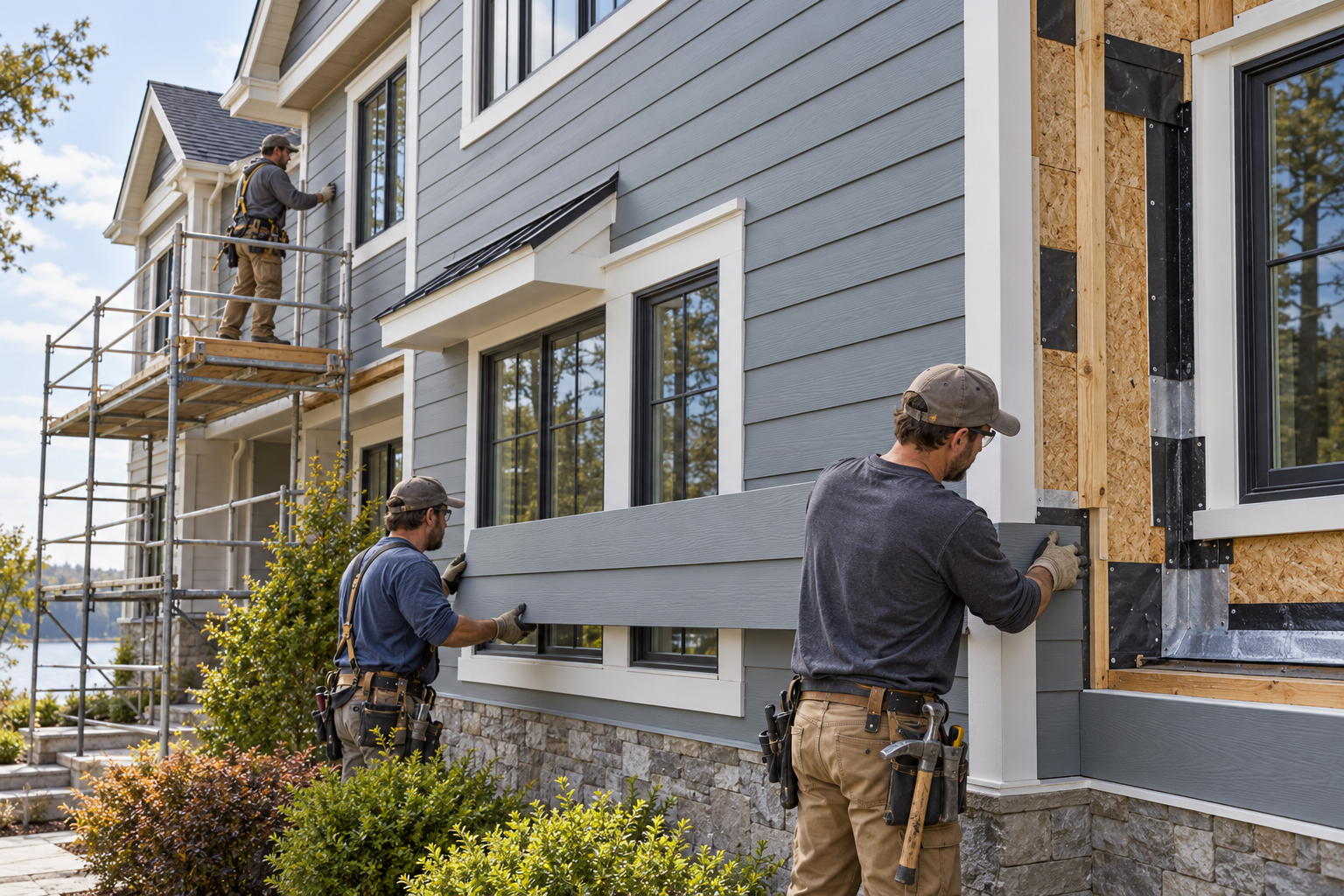 Fiber-cement boards, trim, scaffold access, and a wall section prepared for inspection before replacement.
