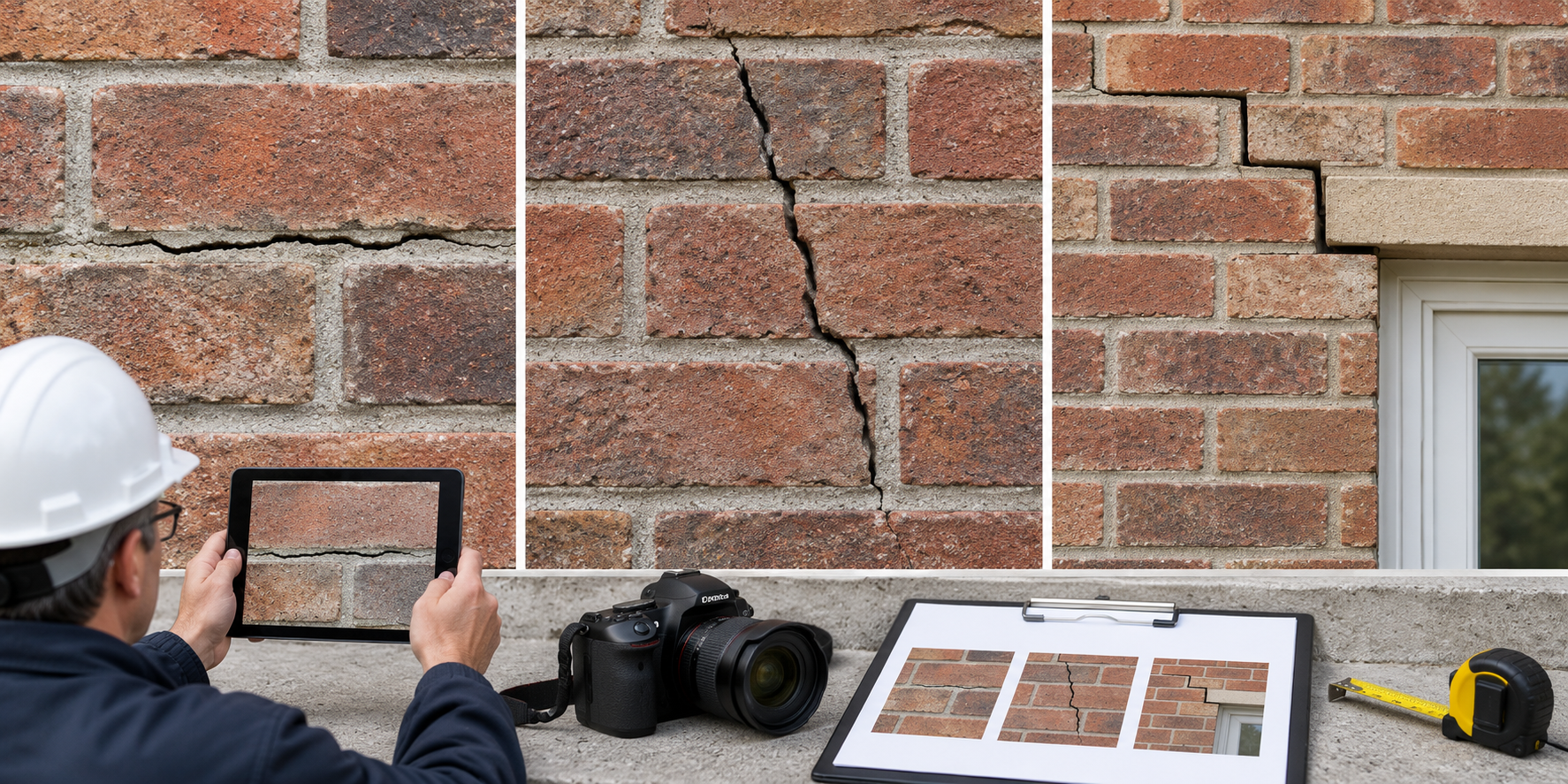 Examples of cracks along mortar joints, through masonry units, and near an opening for professional assessment.