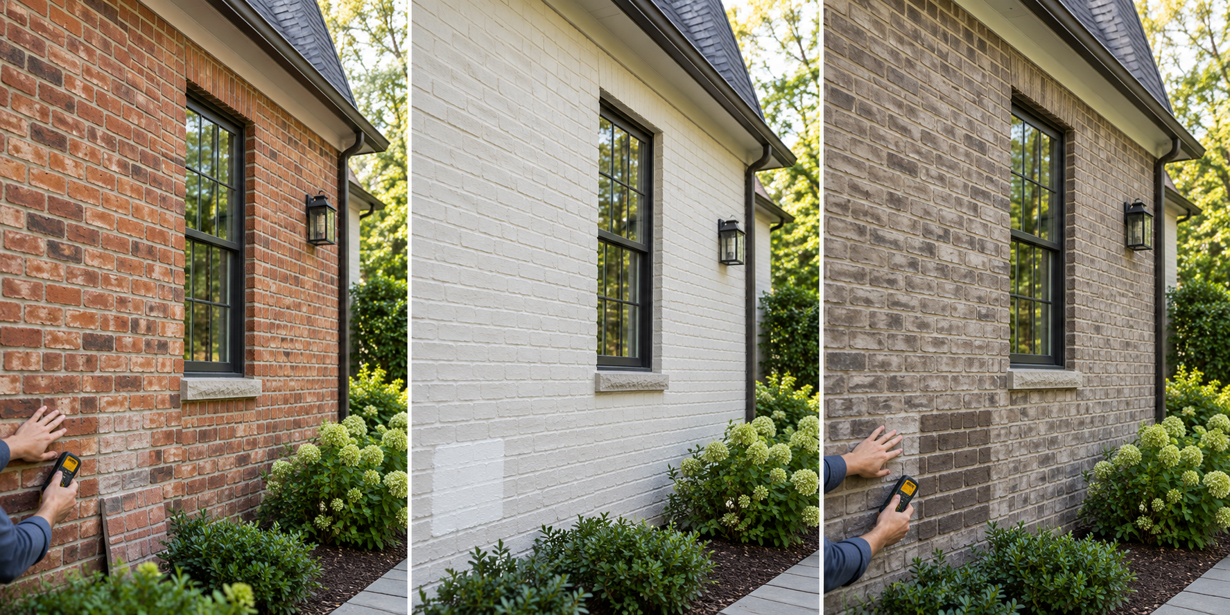 Natural, painted, and stained brick finish examples with a small test patch and masonry inspection context.