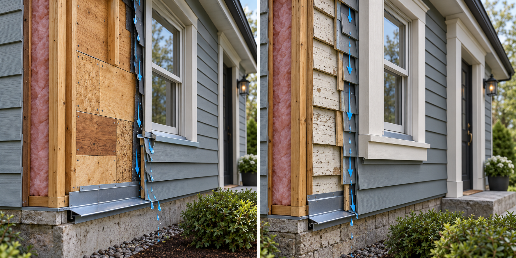 A cutaway comparison of siding removal with wall inspection and new cladding versus an overlay that changes wall thickness and opening details.