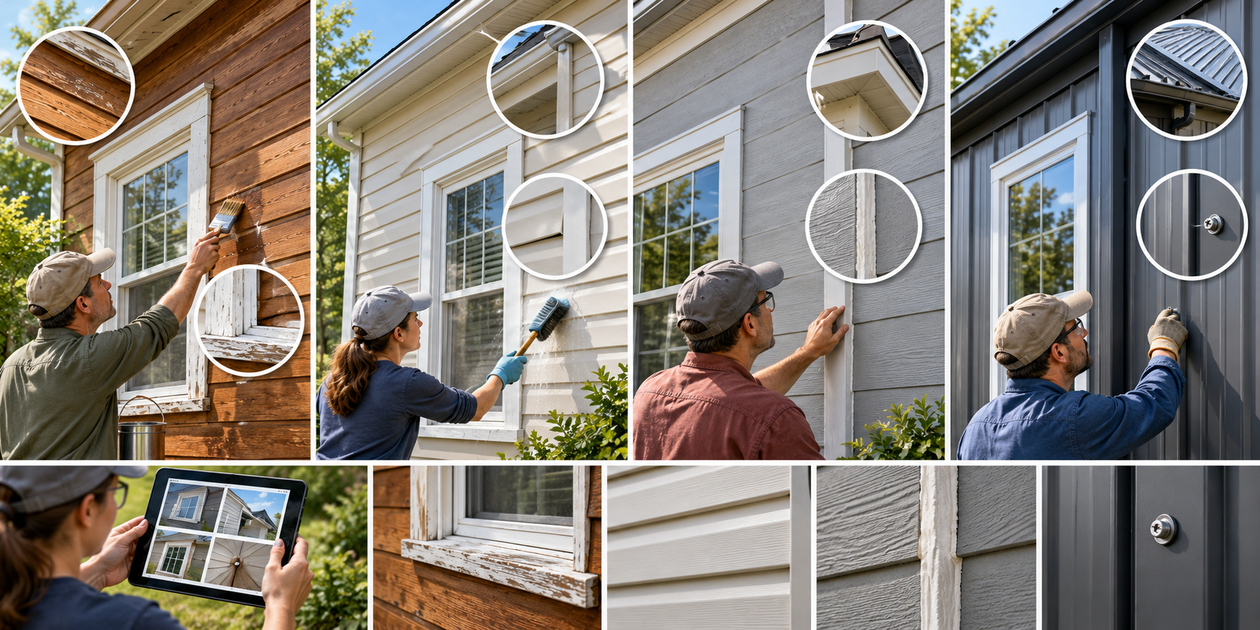 Maintenance examples for wood, vinyl, fiber-cement, and metal siding, including inspection, cleaning, finish care, and repair.
