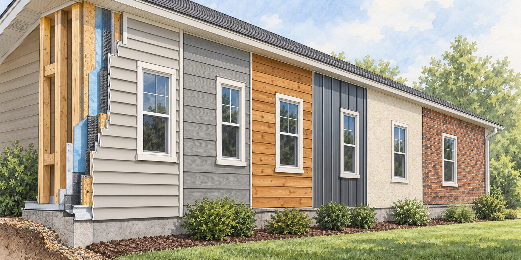 A siding comparison wall showing several cladding finishes and the concealed drainage, flashing, sheathing, and framing layers behind them.