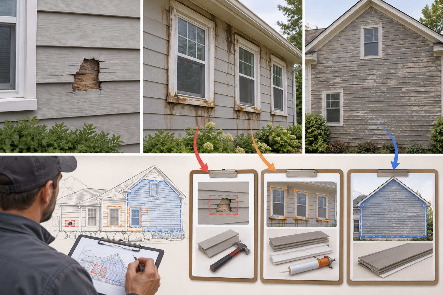 Examples of localized siding damage, repeated trouble around openings, and broad deterioration to compare when defining a repair or replacement scope.