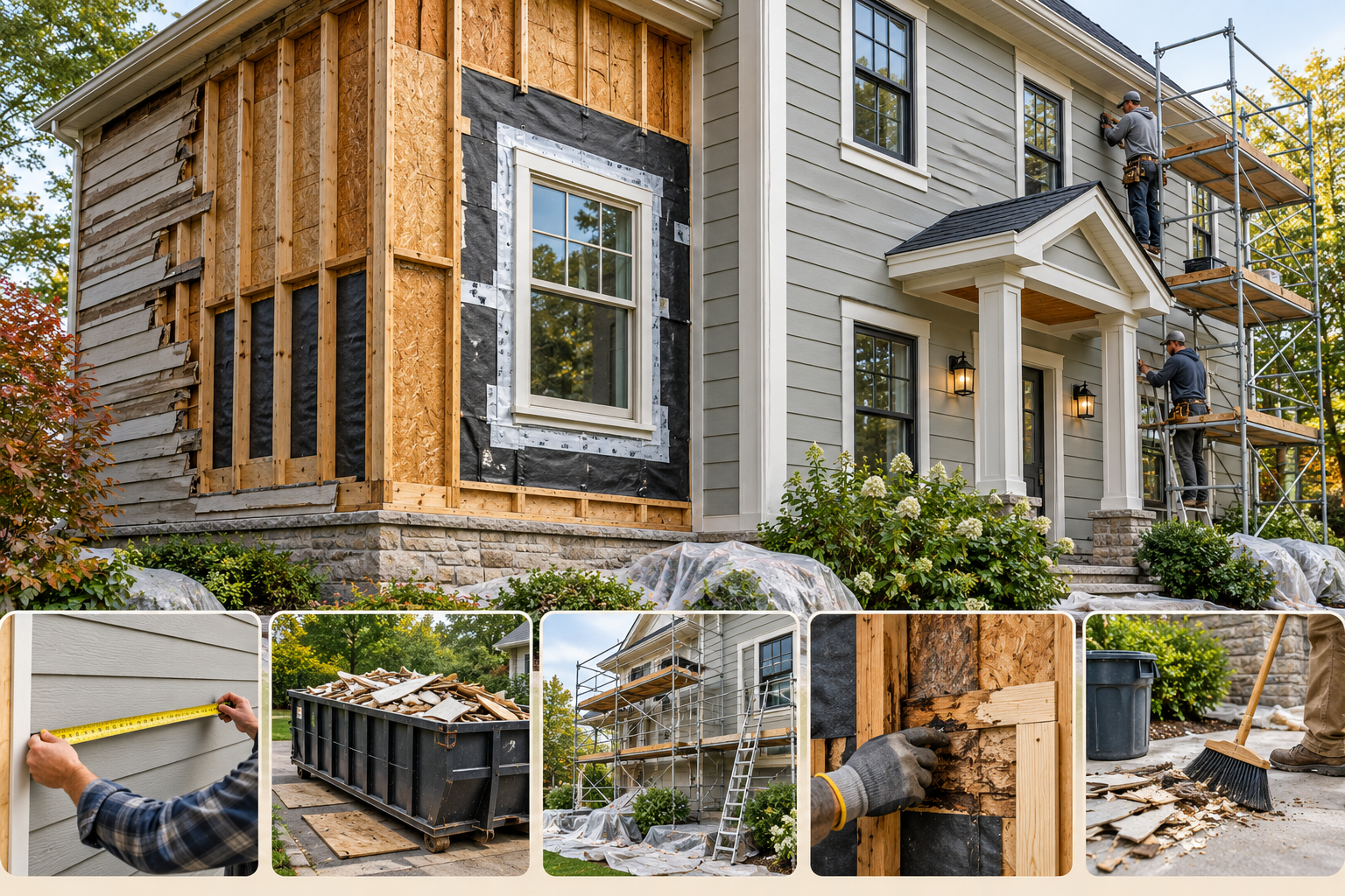 A siding replacement project showing the measured wall, removal and hidden layers, scaffolding, and finished recladding.