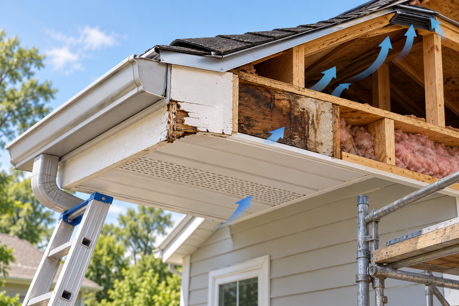 An eave cutaway showing the soffit, fascia, gutter, drip edge, roof, and attic ventilation path.