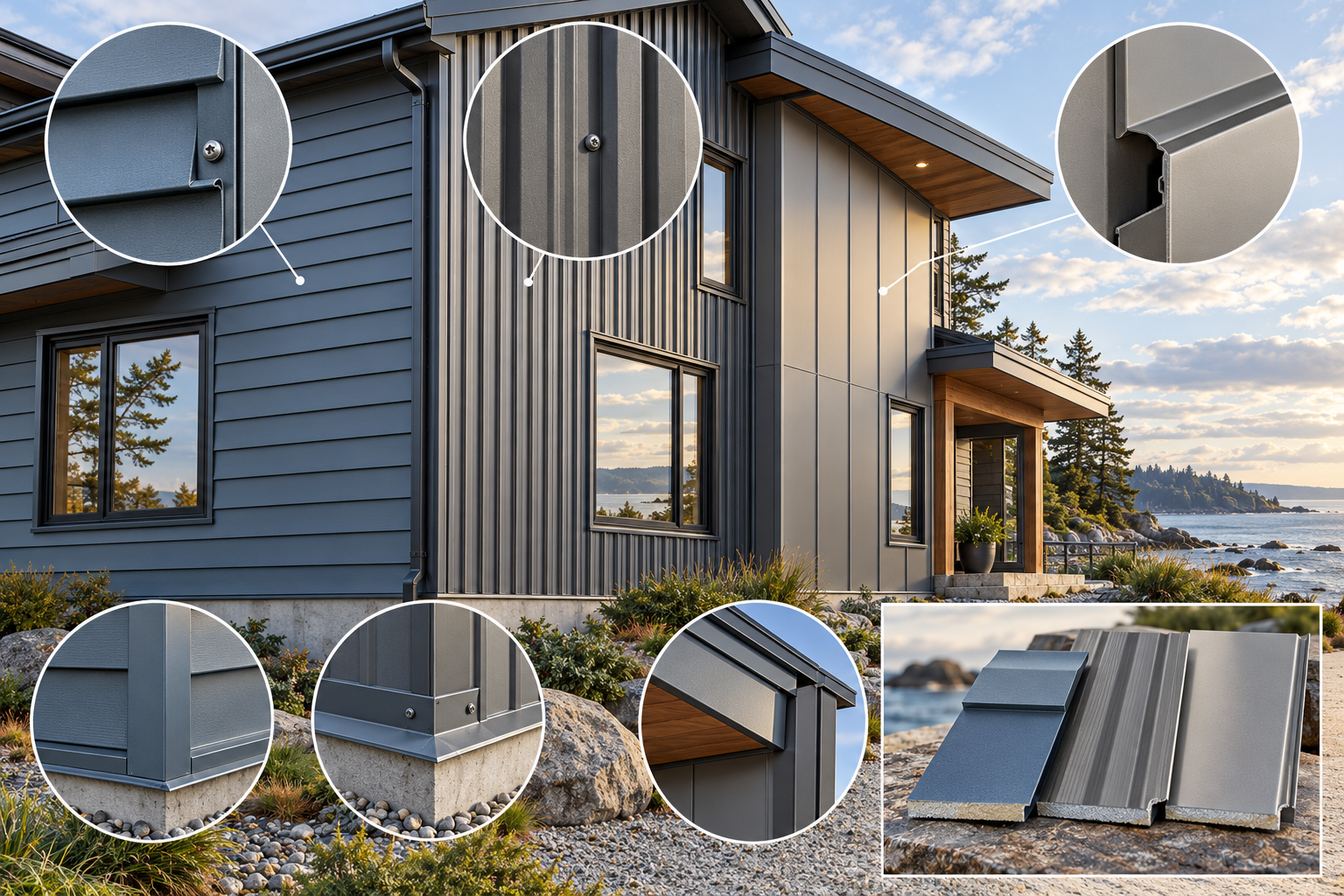 Residential metal siding profiles with differing panel shapes, fasteners, trims, coatings, and transitions.