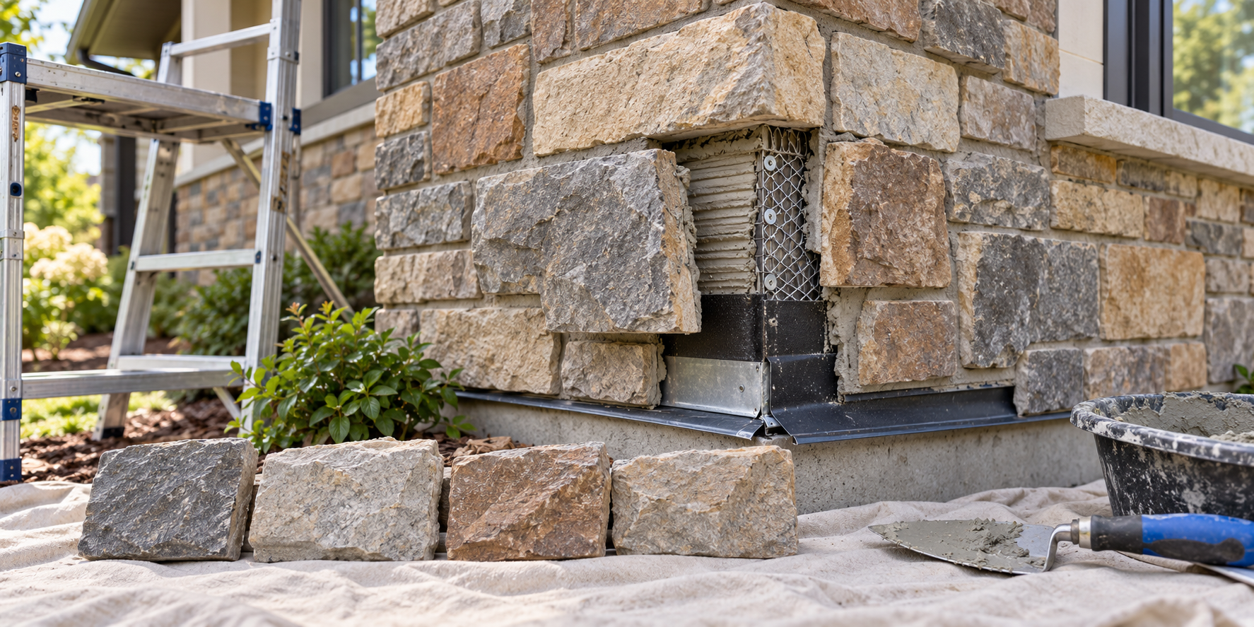 A loose stone veneer repair with a small inspection opening and replacement stone samples for matching.