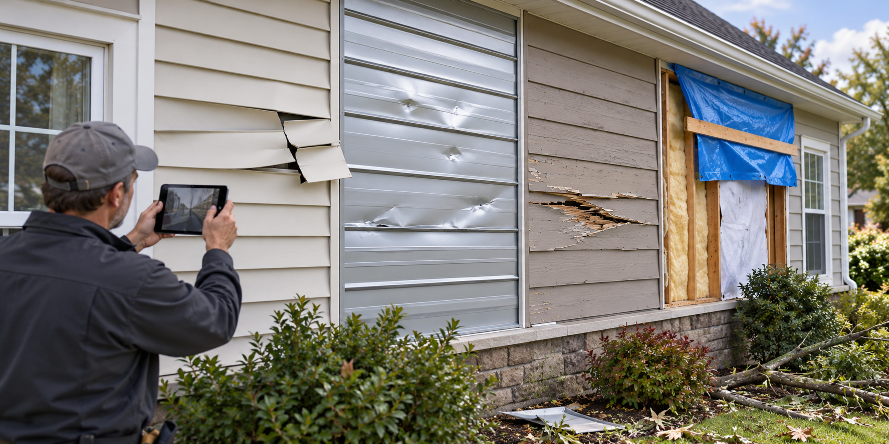 Storm-related siding damage across several materials, with documentation and temporary protection before repair.