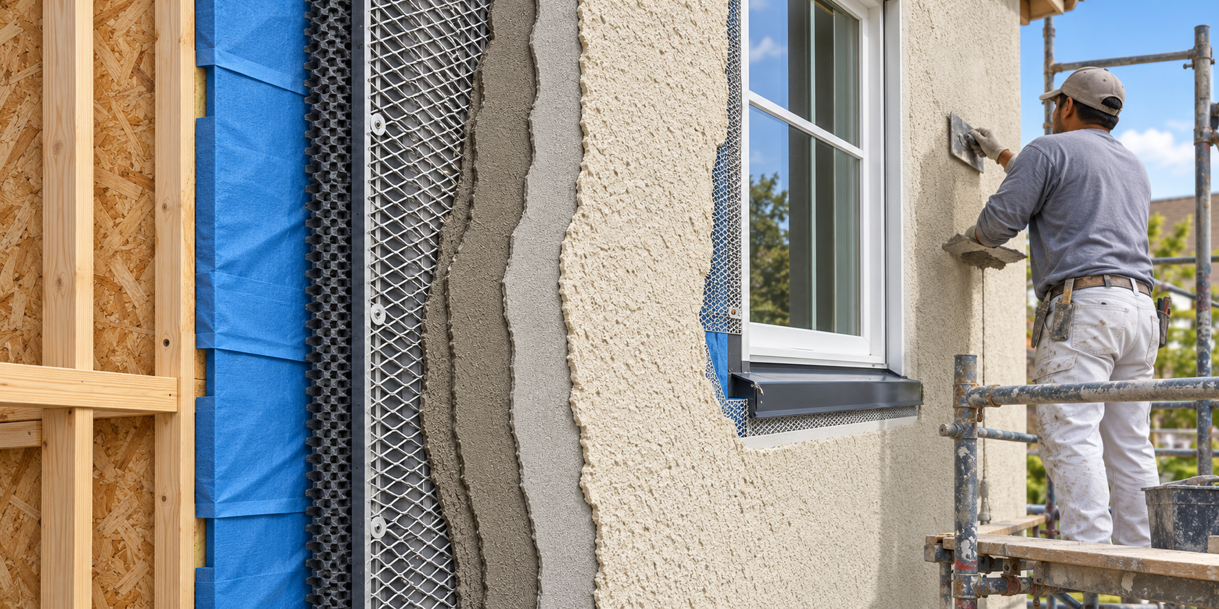 A stucco wall cutaway showing the substrate, water-management layers, lath, plaster coats, finish, and an opening detail.