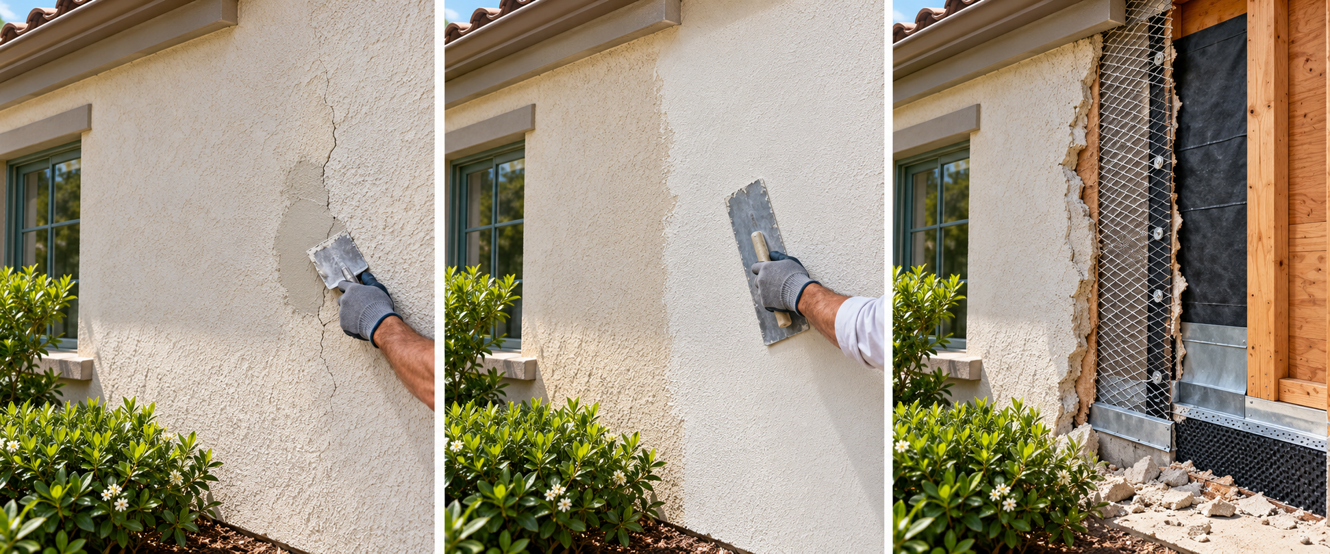 Three stucco work scopes: a localized patch, a finish recoat over a sound assembly, and full removal with wall inspection.
