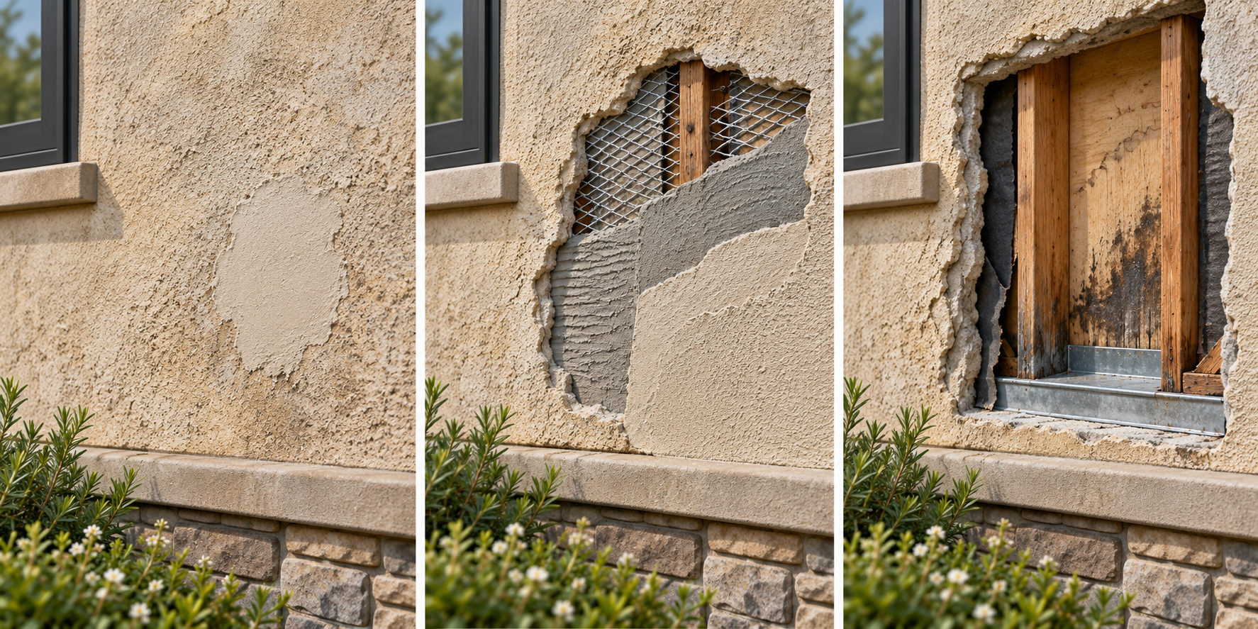 Three stucco repair depths: surface patch, repair through plaster layers, and an opening to inspect the wall behind.