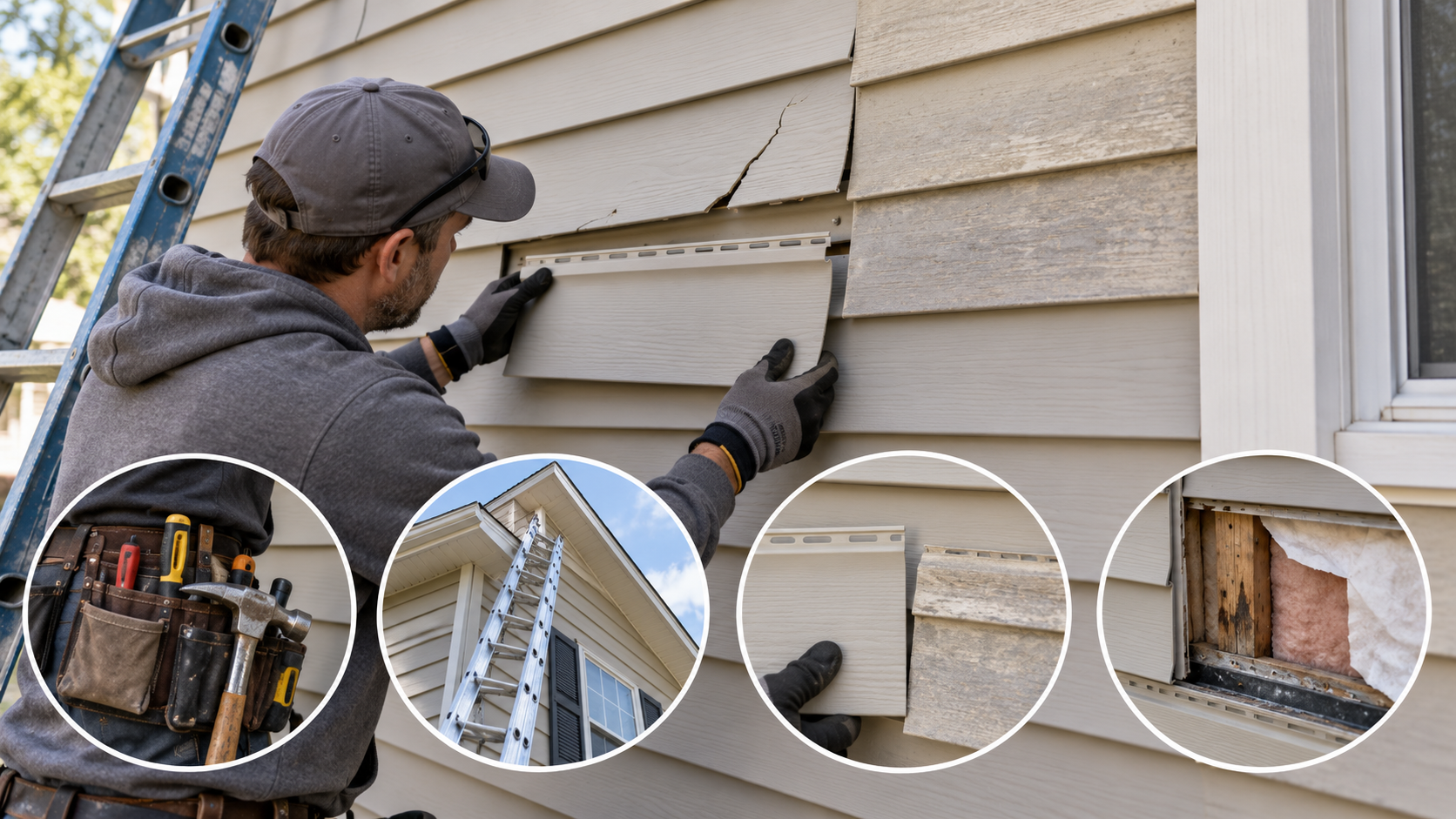 A damaged vinyl panel repair with profile matching, elevated access, and a small view of the wall layers behind the siding.