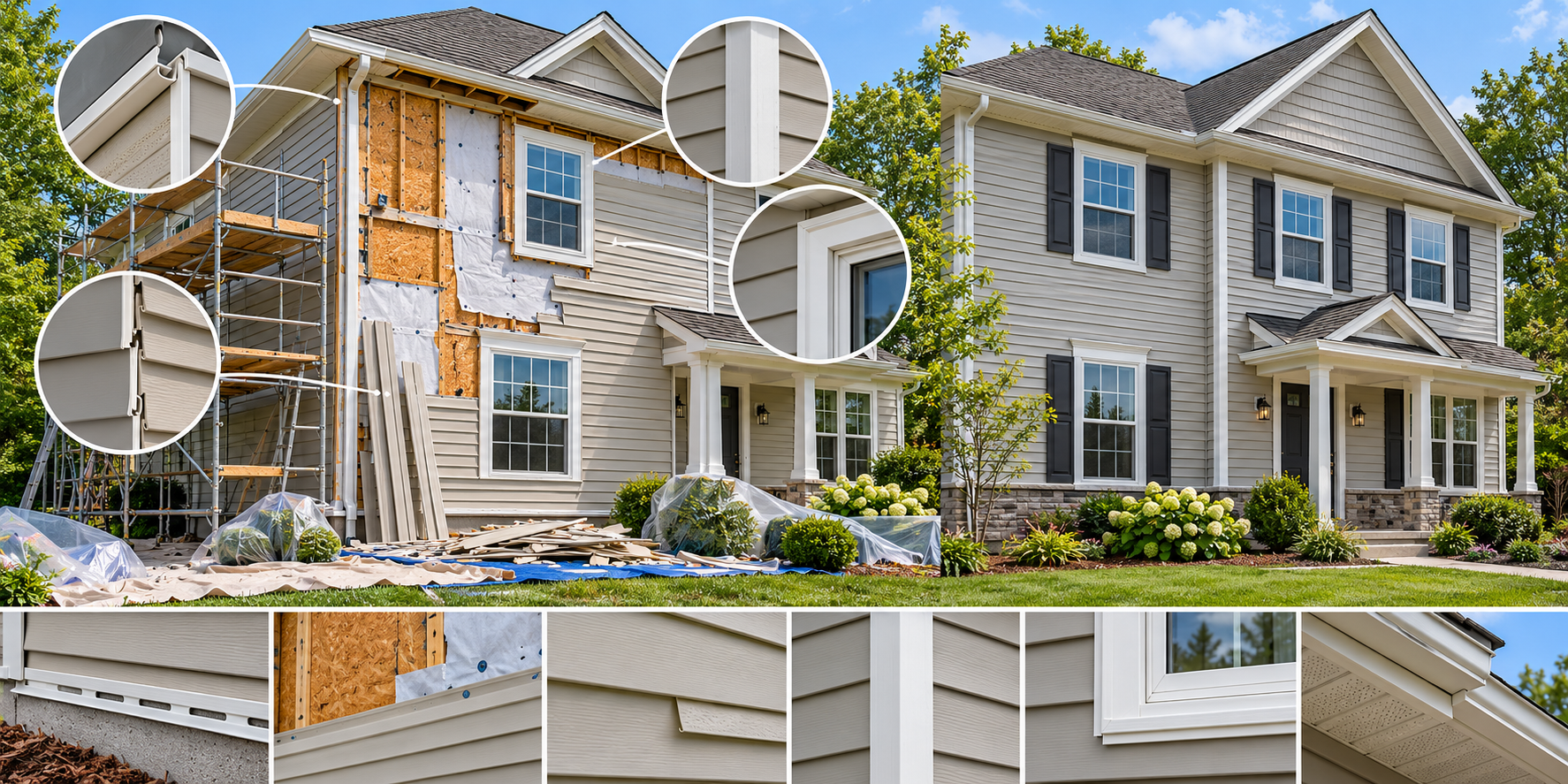 Vinyl siding replacement with panels and trim accessories, exposed wall layers, access equipment, and protected landscaping.