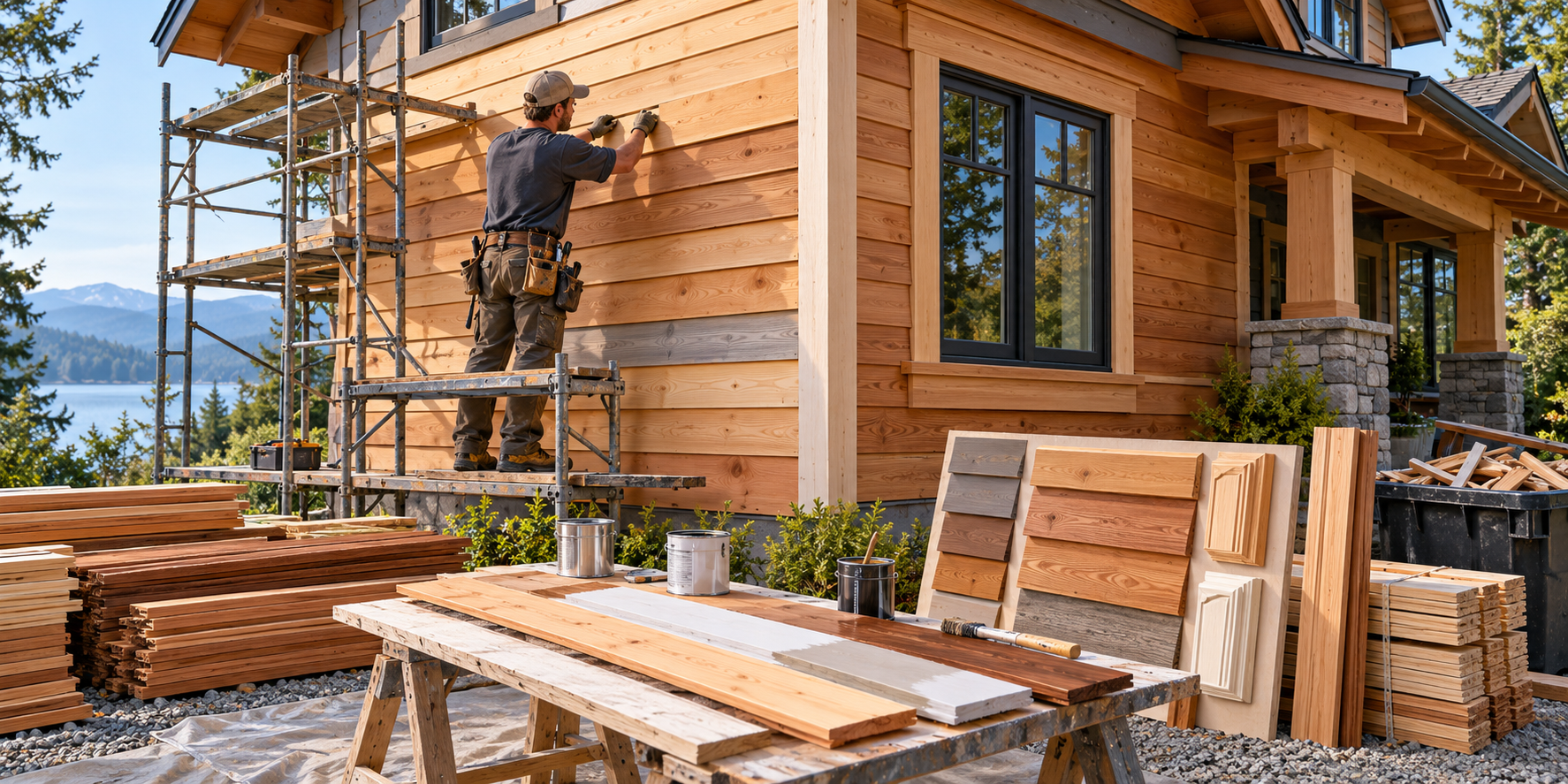 Natural wood siding installation showing grain and profile choices, trim detail, material preparation, and access.
