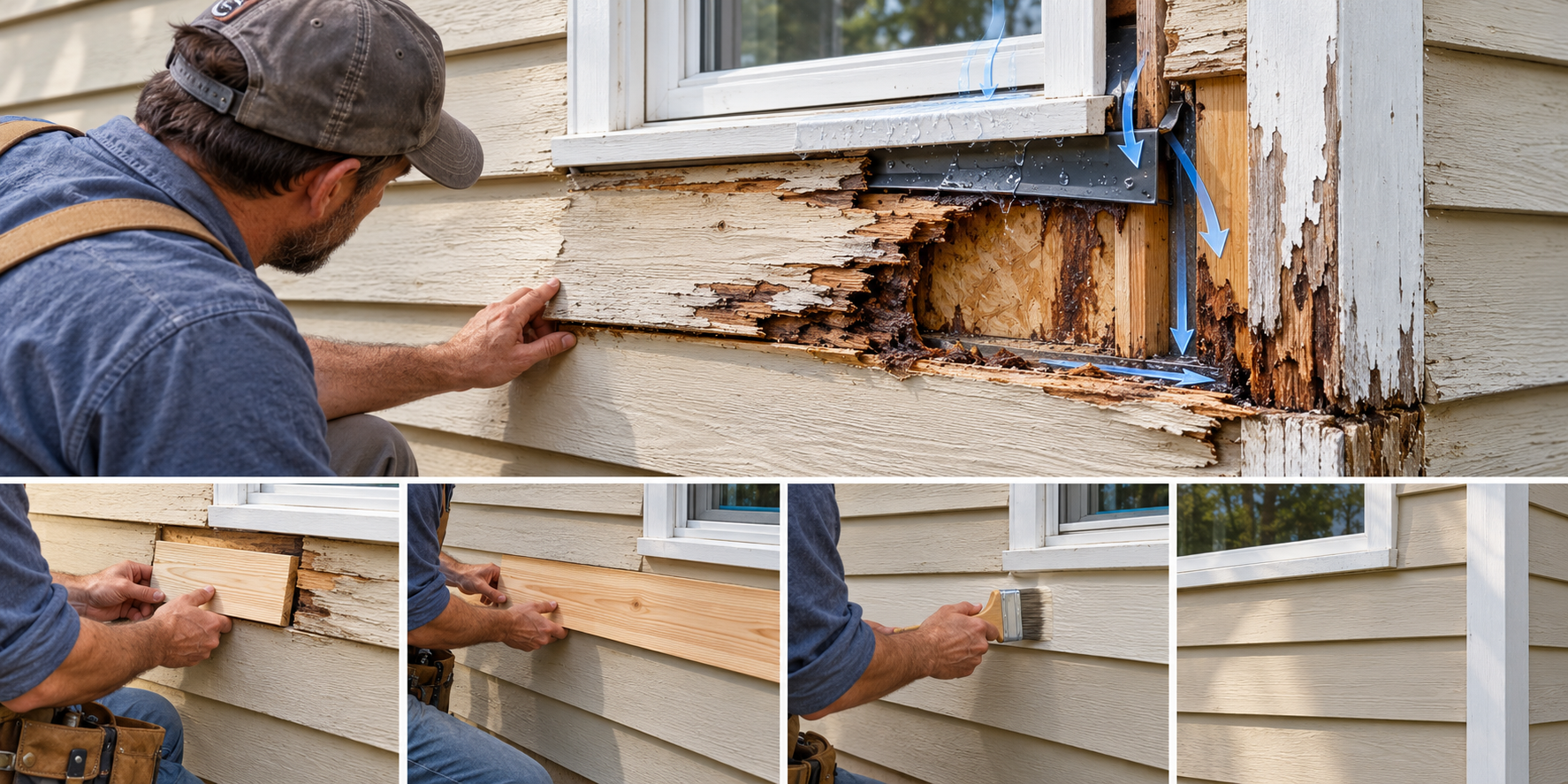 Wood siding rot near a window with a visible water path, concealed wall damage, and small versus longer board repair options.