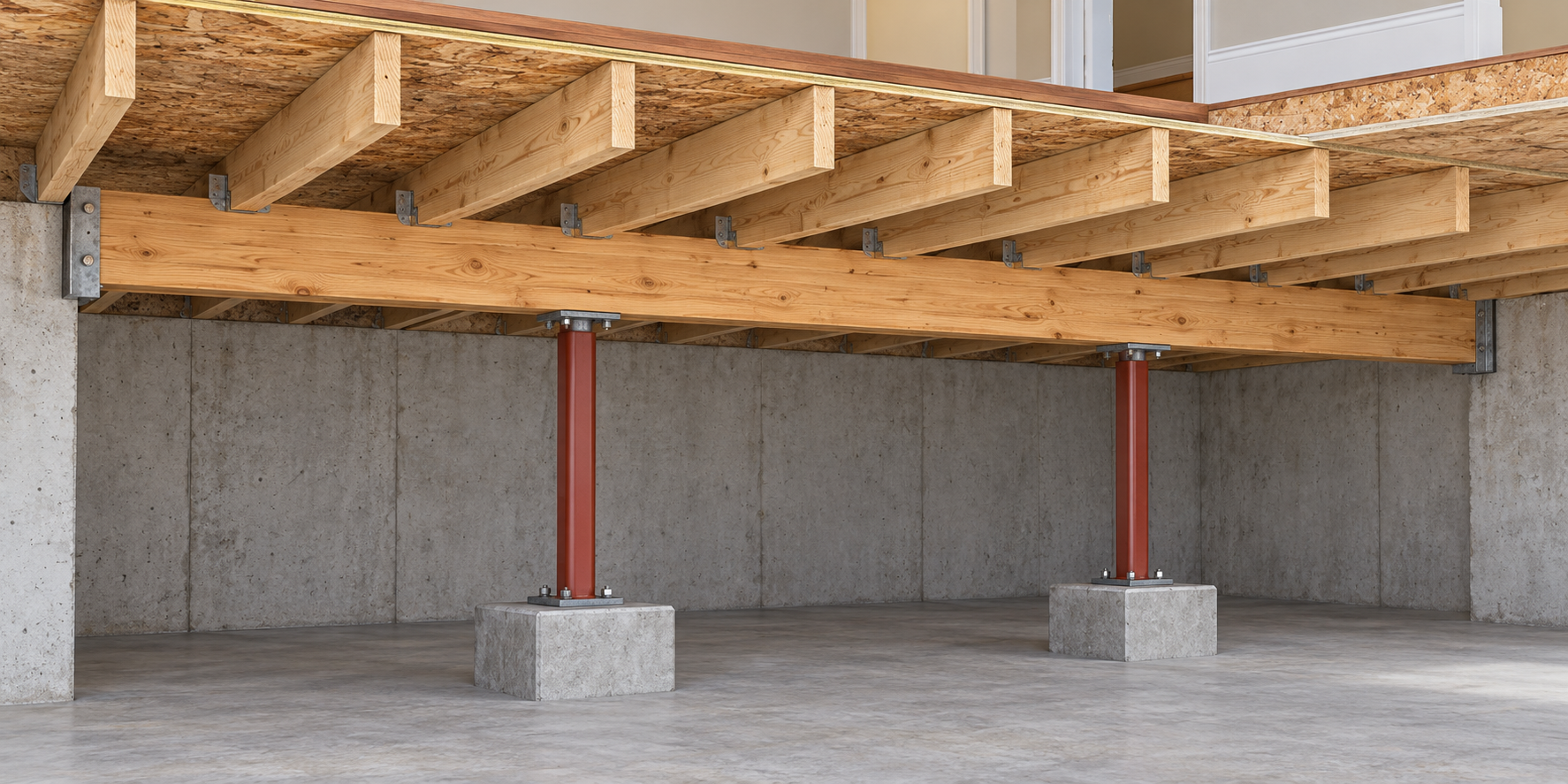 Cutaway view of a supplemental beam carrying floor joists through two posts to concrete footings.