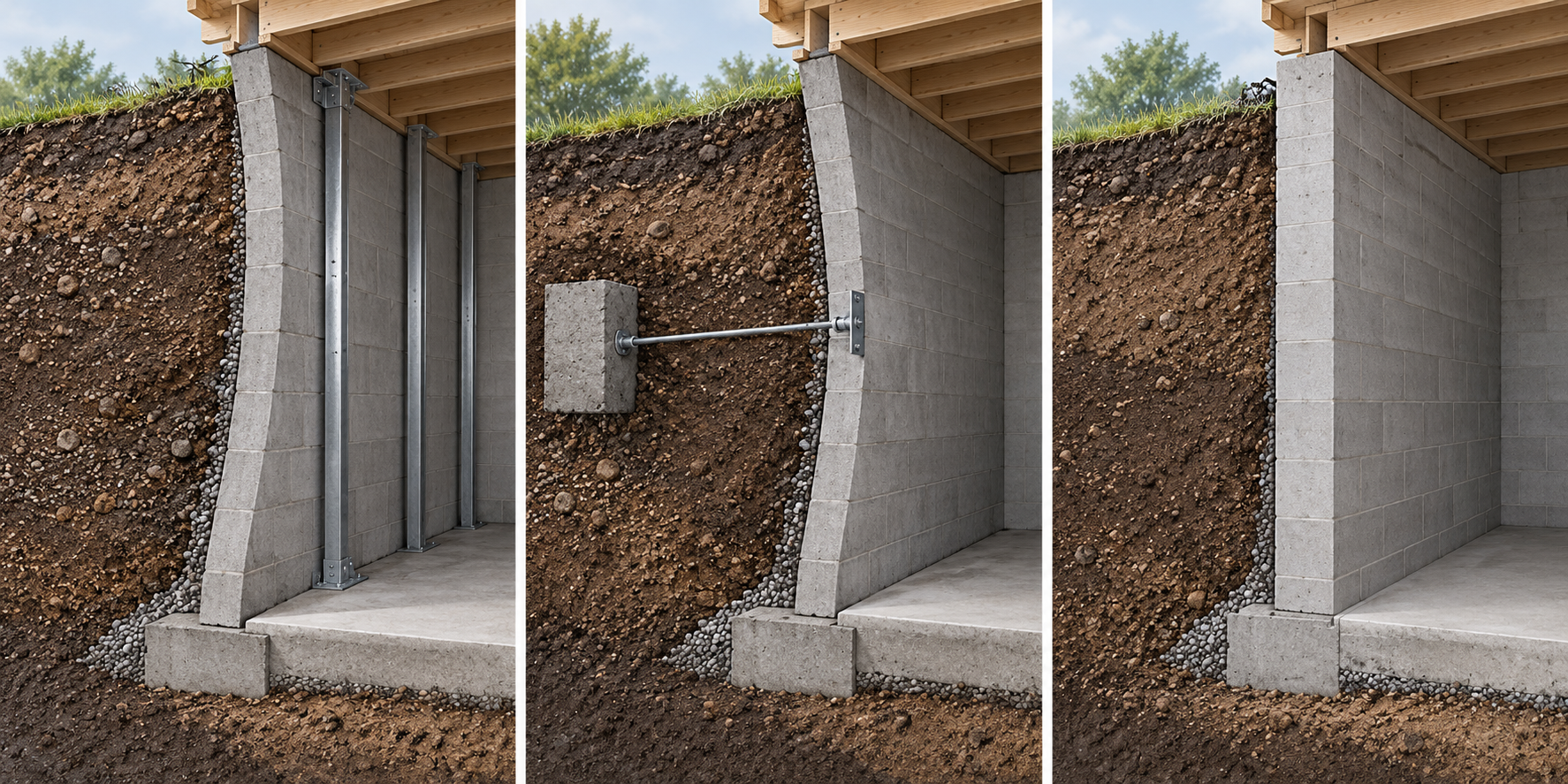 Three conceptual views of a bowing foundation wall: reinforcement in place, an anchor system, and a rebuilt wall.