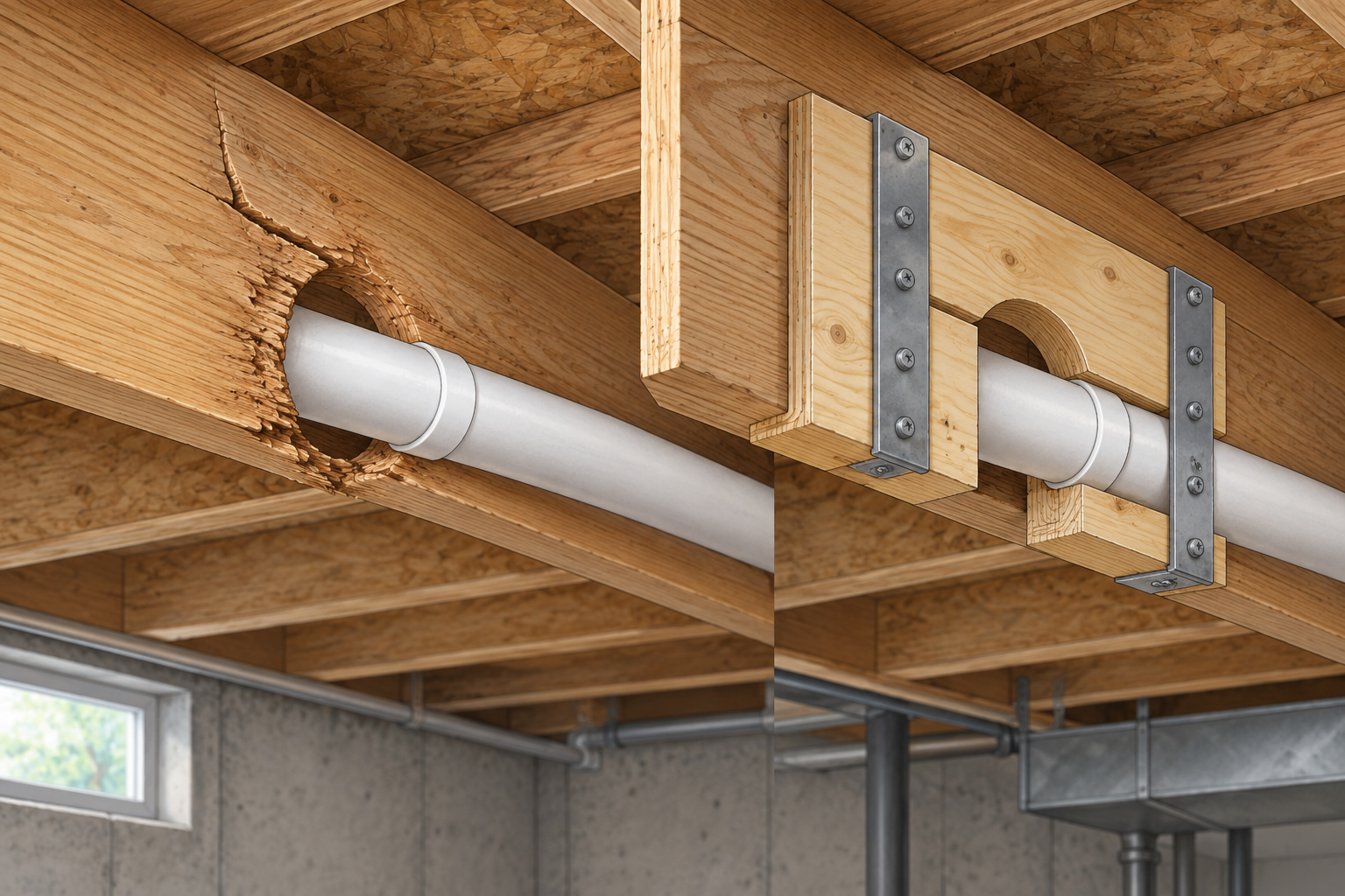 Cutaway illustration of a utility route passing through altered floor framing beside a conceptual reinforcement.