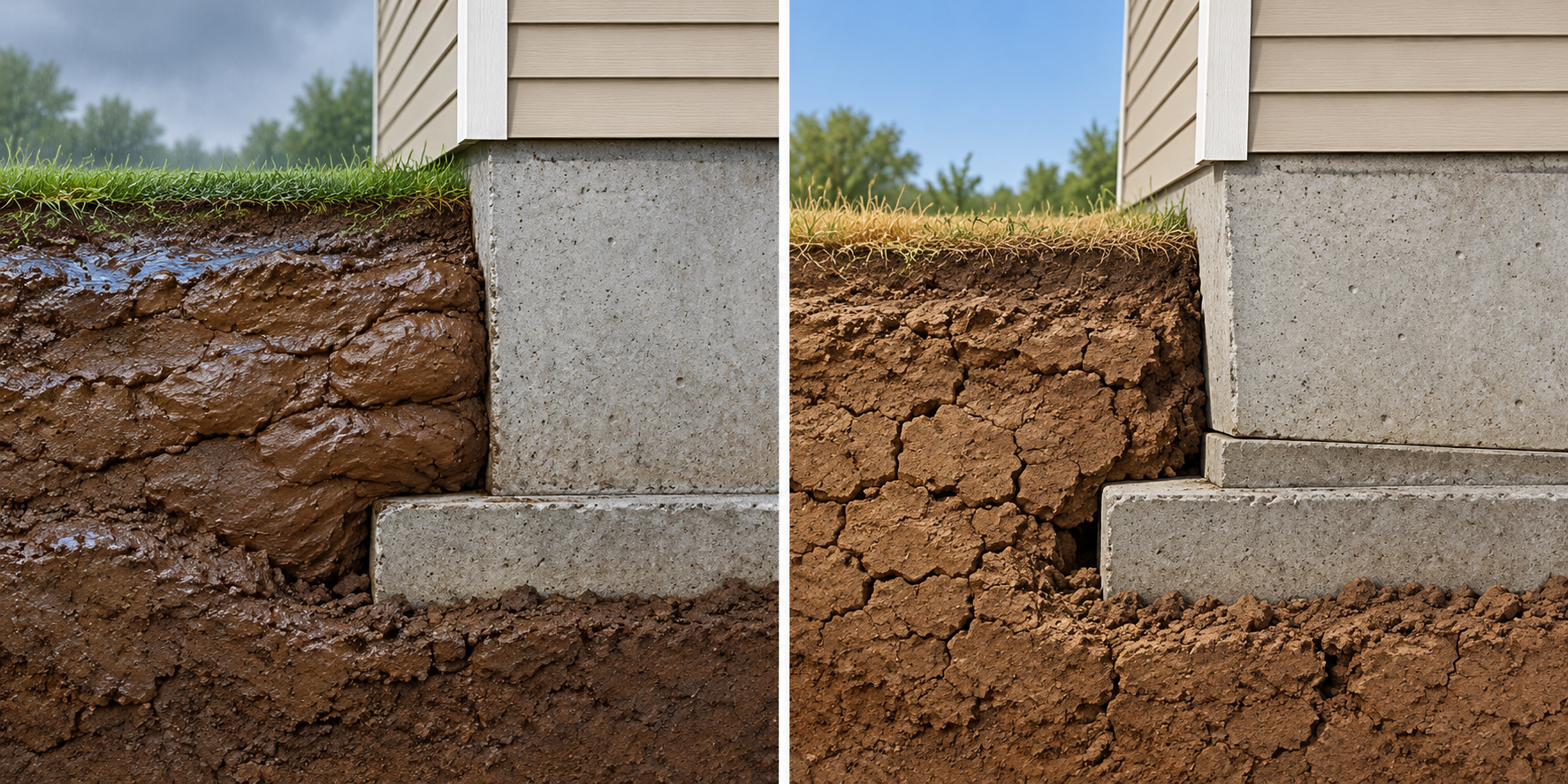 Conceptual comparison of wet expansive soil swelling and dry soil shrinking beside a house foundation.