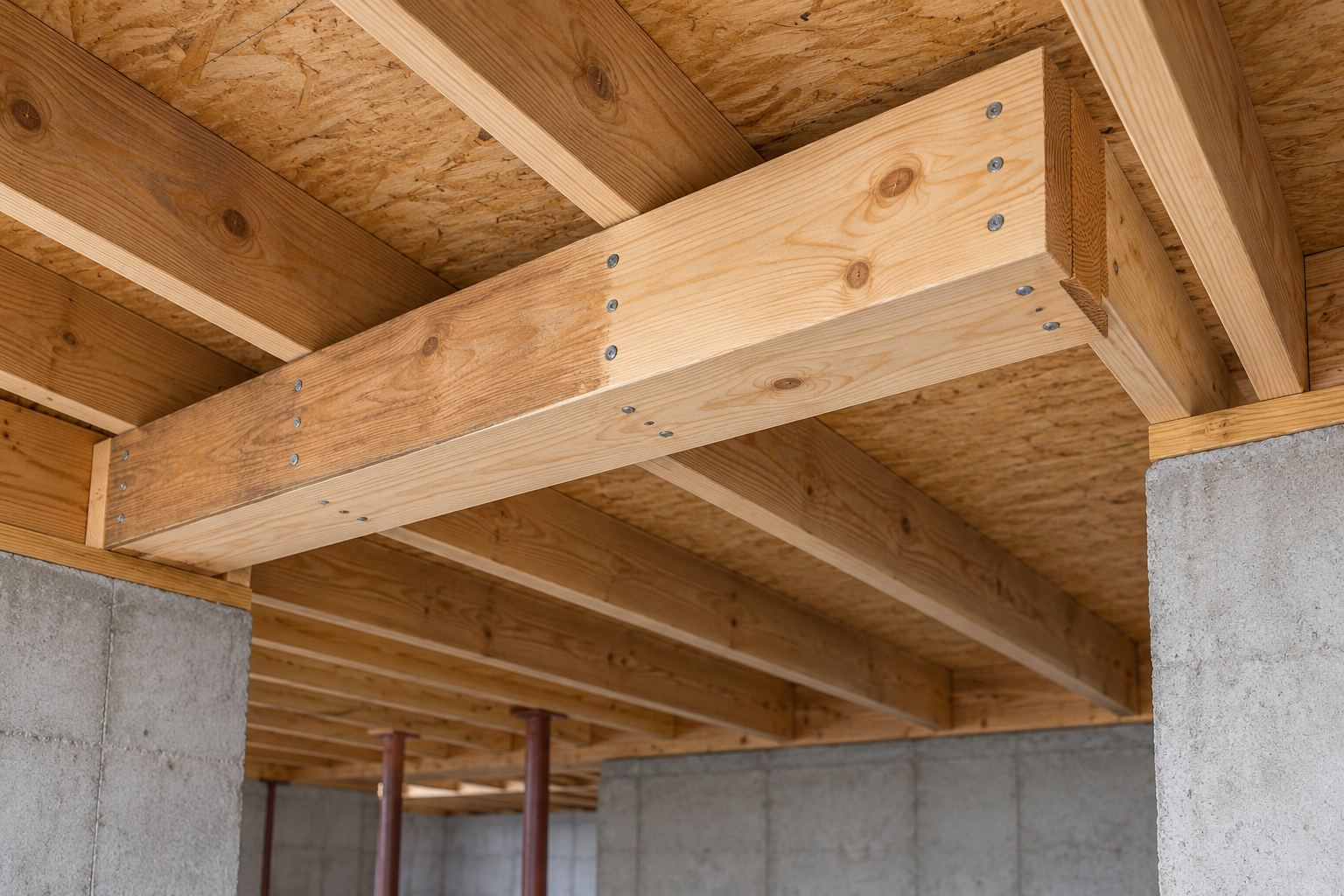 Conceptual view of a sister joist reinforcing an existing floor joist beneath the subfloor.