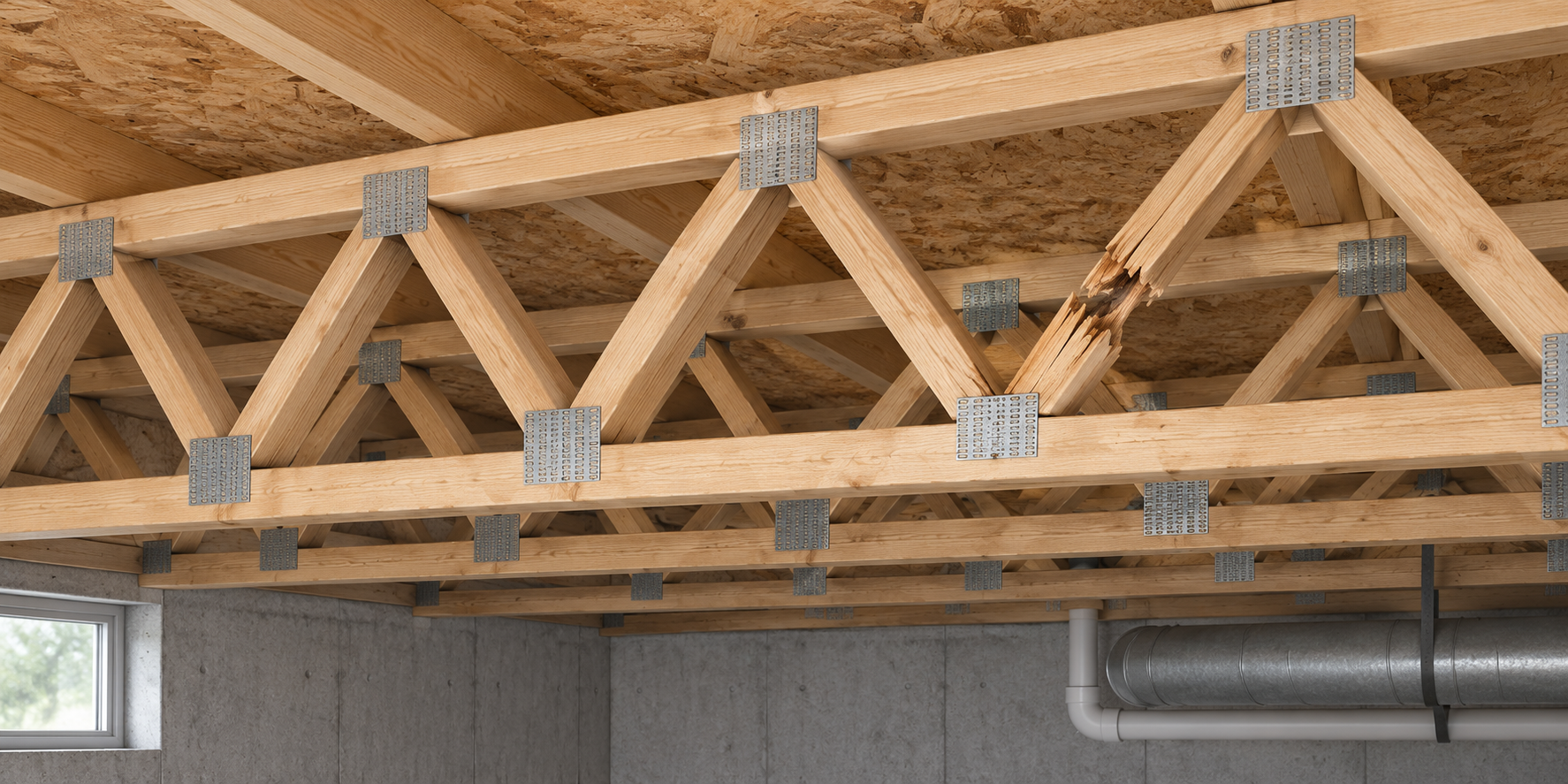 Open-web engineered floor trusses with chords, diagonal webs, and connector plates.