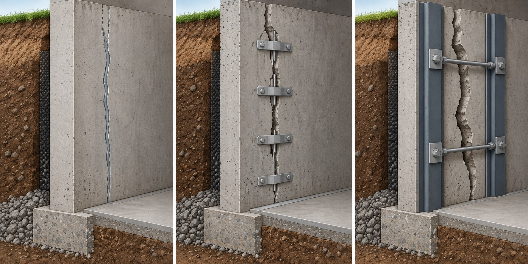 Three conceptual foundation crack scopes: sealing, structural repair, and broader wall reinforcement.