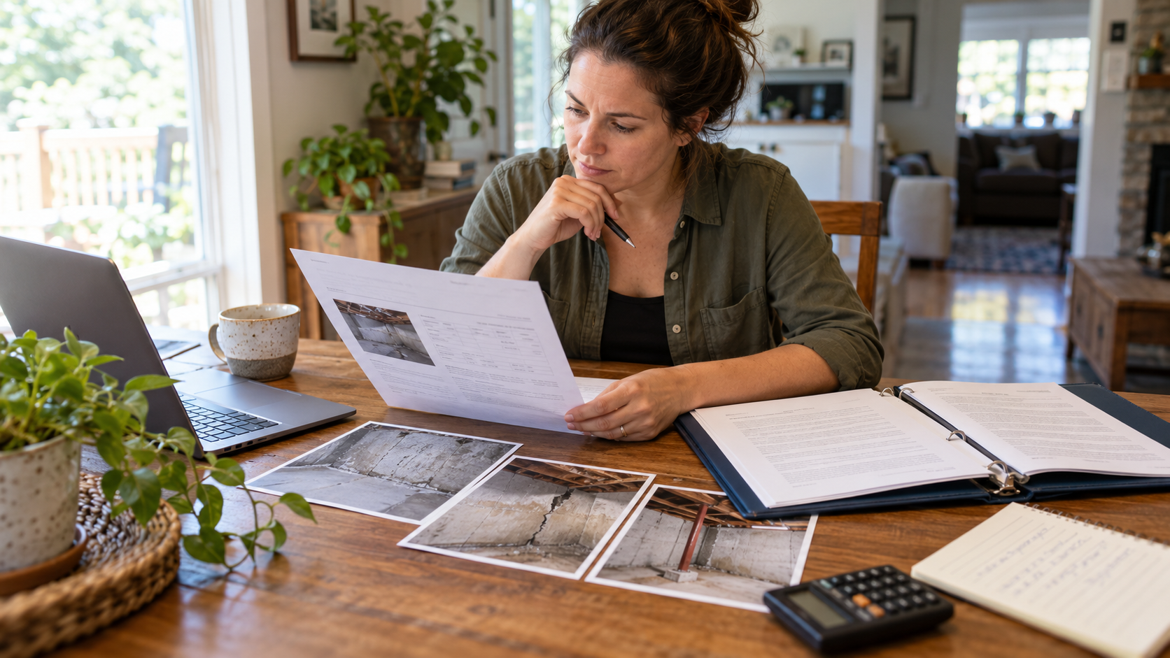 A homeowner comparing a foundation repair proposal, policy documents, and condition photographs.