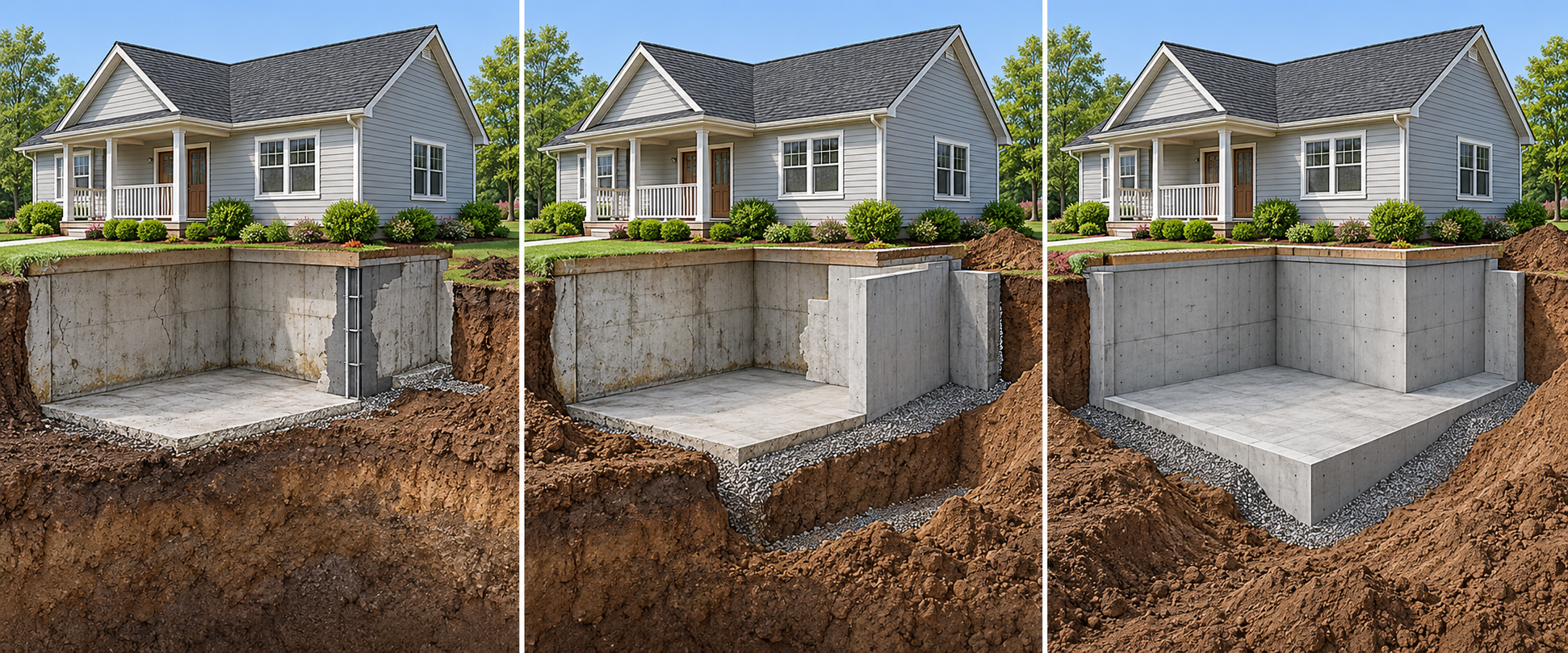 Three conceptual outcomes for a house foundation: localized repair, partial reconstruction, and full replacement.